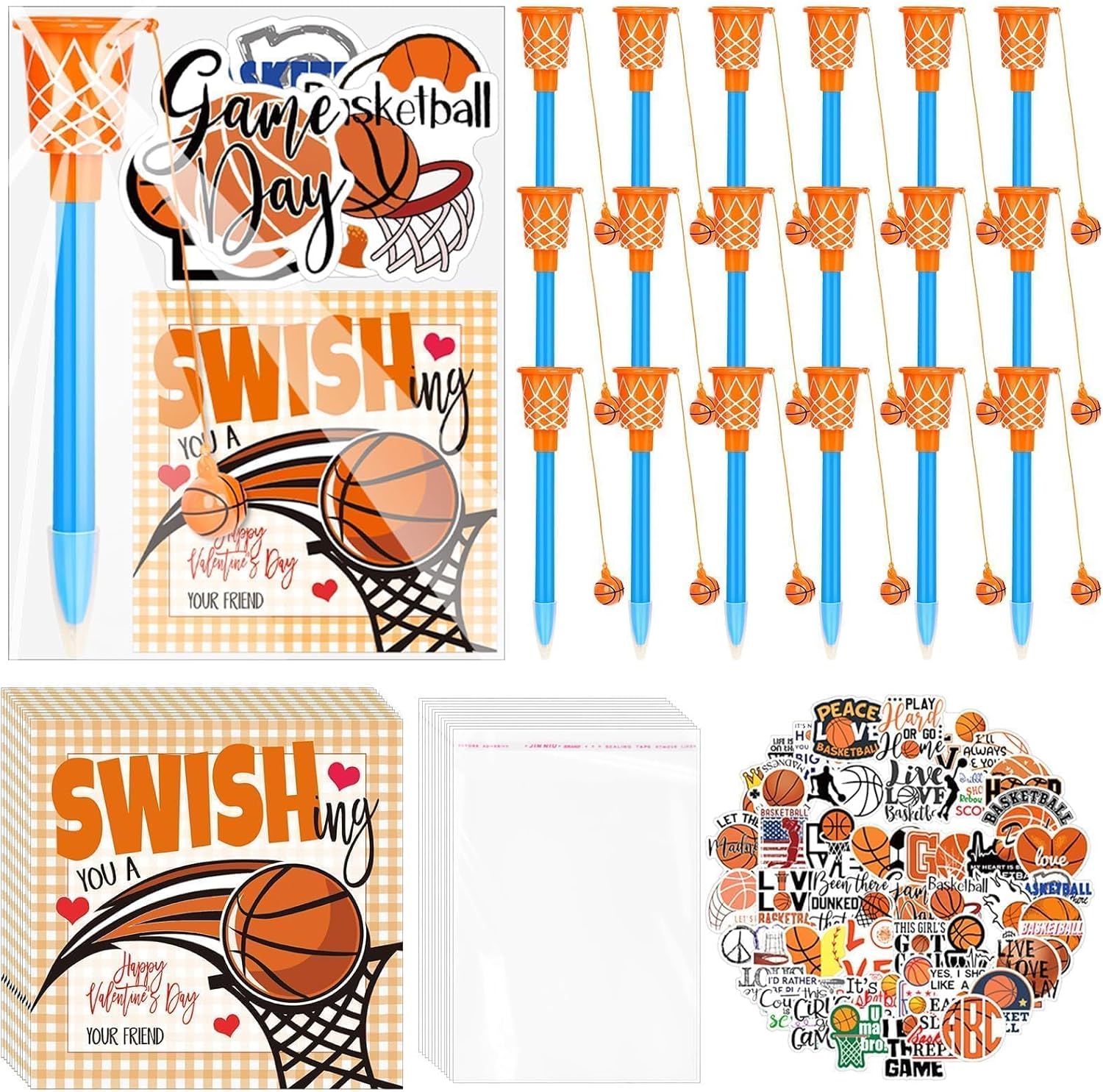 28 Set Basketball Party Favor Set with Mini Hoop Pens Stickers Exchange Cards and Gift Bags Bulk Gifts Sports Birthday Goodie Bag Fillers for Adult