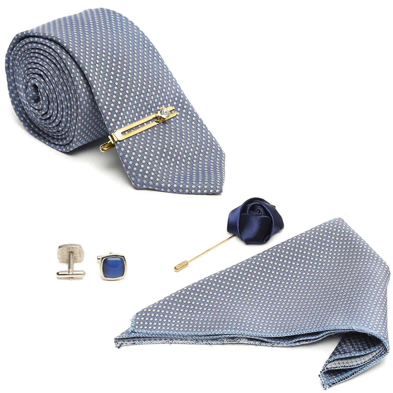 louis stitch Mens Ash Blue Italian Silk Necktie Set With Pocket Square Cufflinks Brooch Gold Pin (Suit Accessories) (Czech)-picture-10