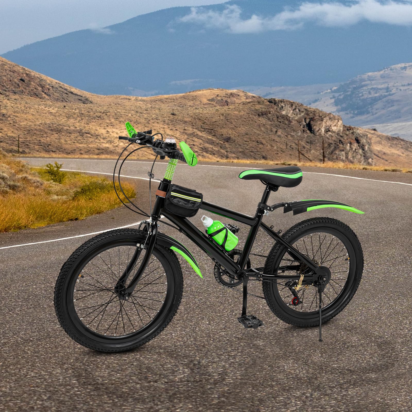 VTT 20 pouces en acier au carbone avec système de freinage, vélo de montagne de qualité supérieure avec support pour gobelet à eau et garde-boue, VTT pour homme et femme (charge maximale : 85 kg)