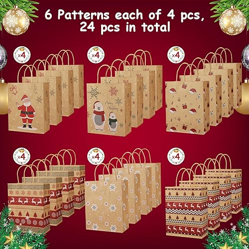 Miniatura 3 de Bolsas reutilizables de regalo de Navidad, 24 bolsas de papel para regalo con asas e impresiones navideñas, 7 x 3.5 x 9 pulgadas