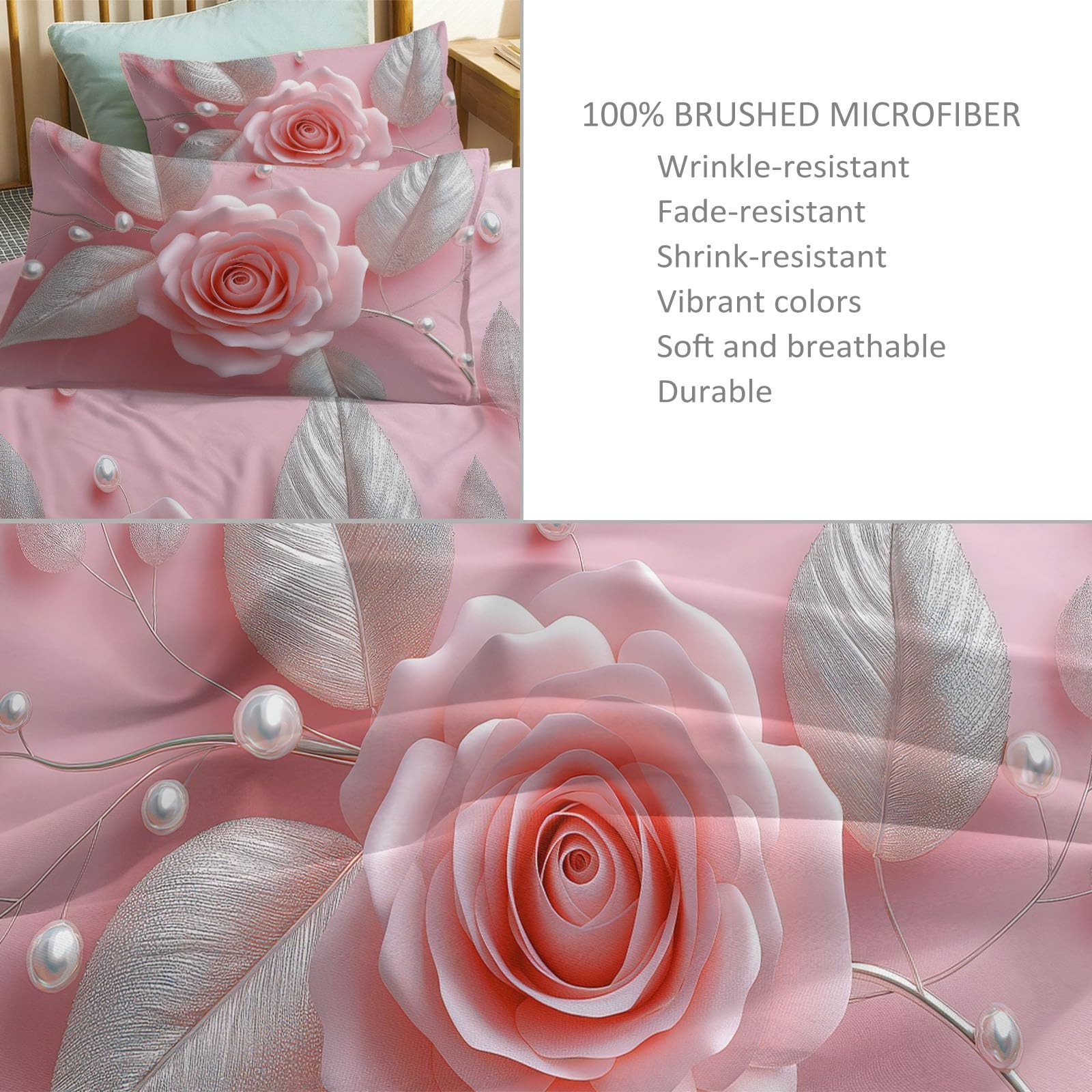 Generisch 3-częściowy komplet pościeli z różowymi perłami, 200 x 220 cm, luksusowy, realistyczny zestaw pościeli z mikrofibry, poszwa na kołdrę + 2 poszewki na poduszkę 80 x 80 cm, przytulna, miękka