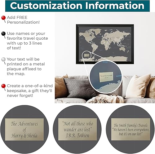 Miniatura 4 de Mapamundi con alfileres, con marco de 24x36 pulgadas y alfileres, negro (Rustic Black Personalized), 24 x 36 pulgadas
