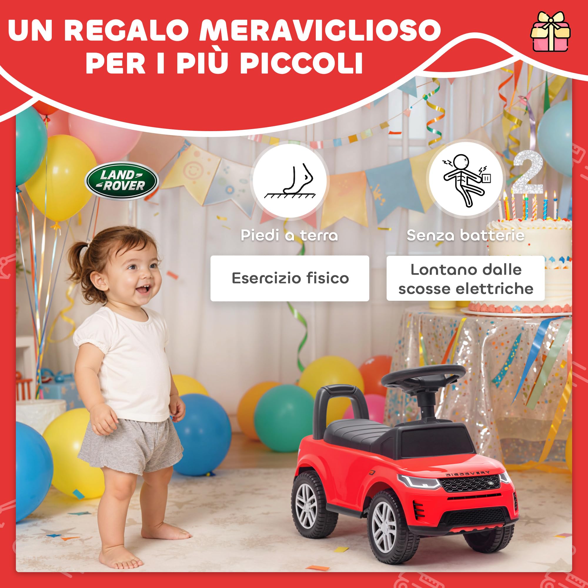 AIYAPLAY Macchina Primi Passi per Bambini Licenza Land Rover Discovery con Clacson e Spazio Portaoggetti, Auto per Bambini in PP e Acciaio, 65.5x28x42 cm, Rosso