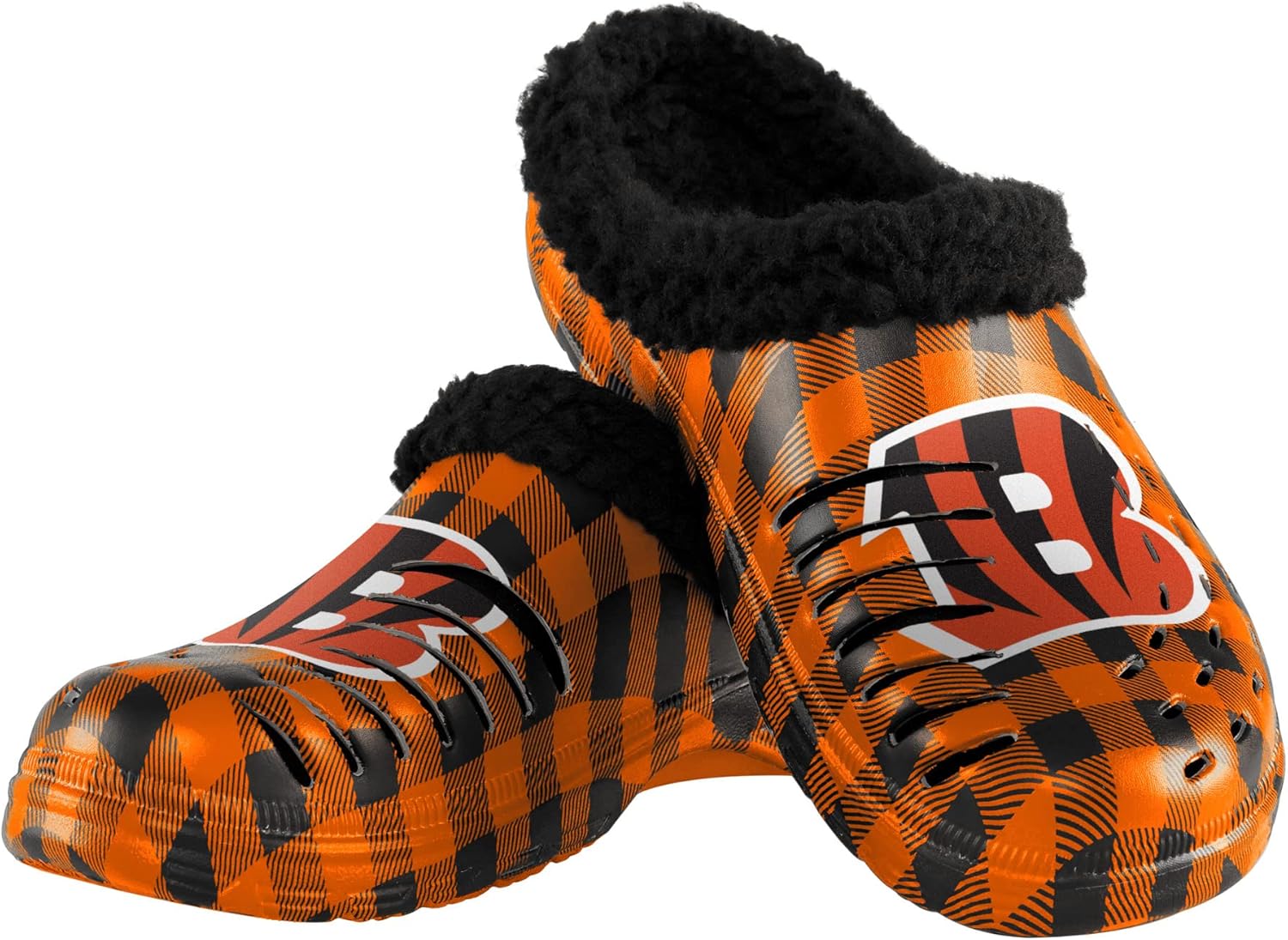 FOCO NFL Mens NFL Team Logo Sherpa Lined Buffalo Check Shoes Slipper Clogs