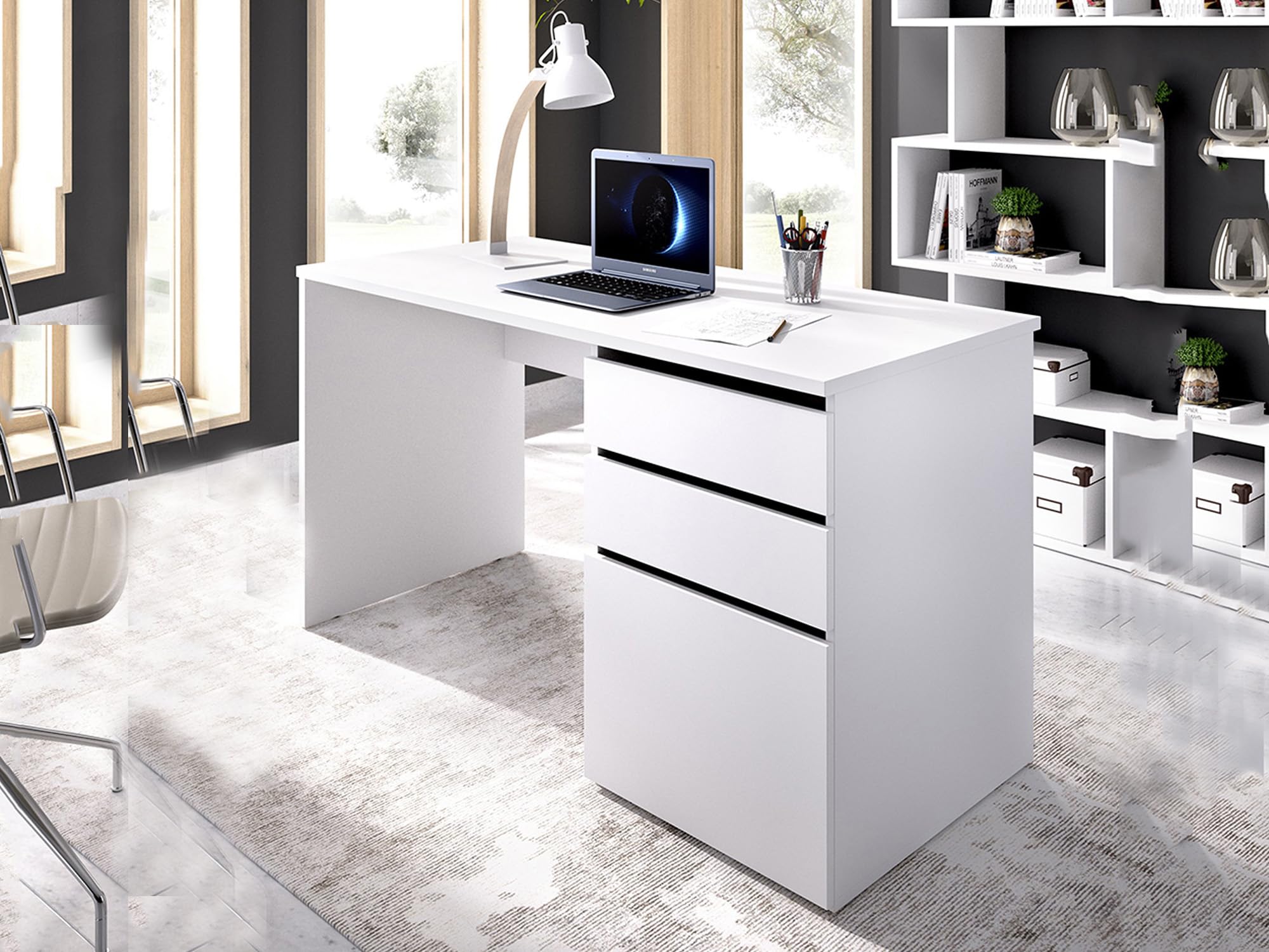 Dmora - Scrivania Lagoni, Scrittoio multiuso da ufficio o cameretta, Tavolo da studio lineare con 2 cassetti e 1 anta, 139x60h75 cm, Bianco