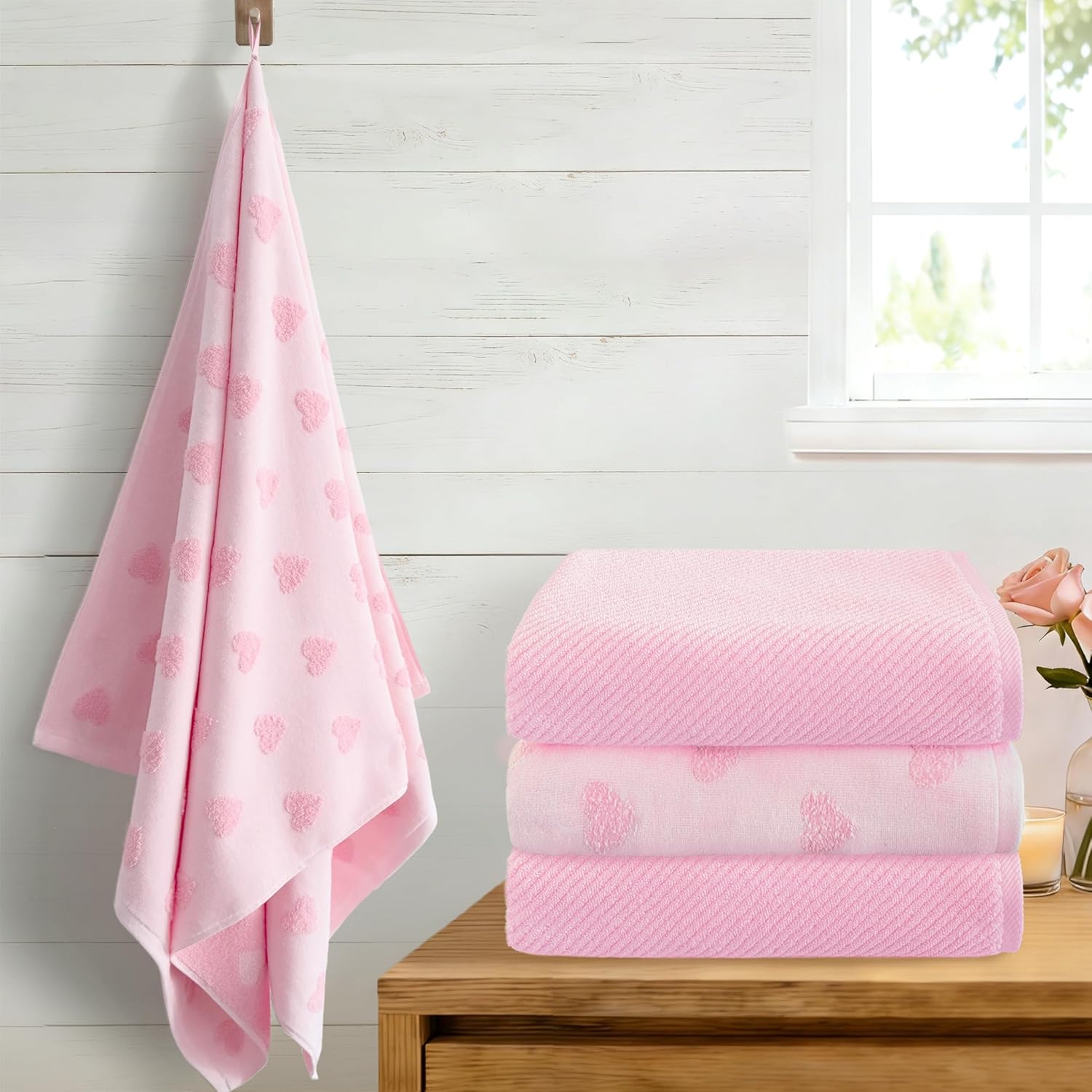 VOOVA & MOVAS Pink Bath Towels 4-Pack, 100% Soft Cotton 26.5" x 54.5" Quick Dry Absorbent Thick Towels with Jacquard Heart Design
