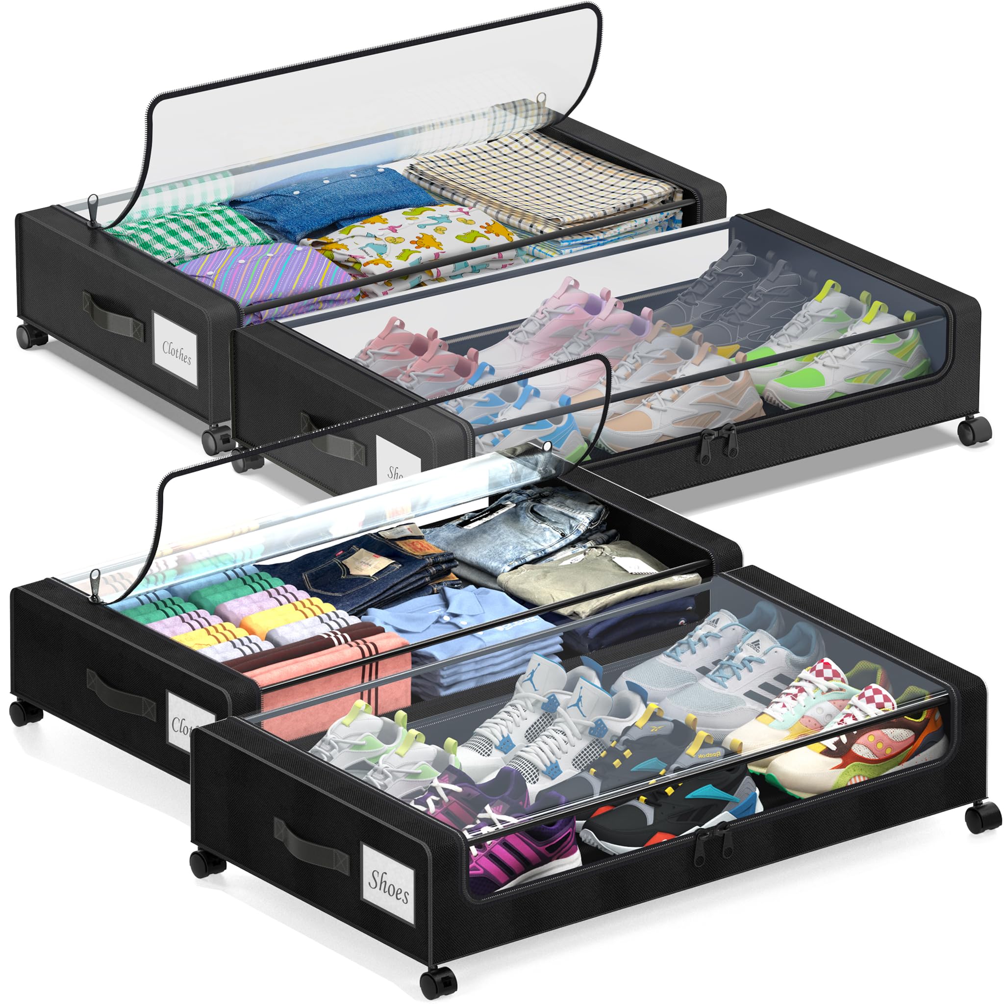 Under Bed Storage with Wheels, 4 Pack Under Bed Storage Containers with Dividers & Clear Lids, XXL 65L Under the bed storage Organizer Bins, Underbed Storage with Wheels for Clothes,Shoes,Toys - Black