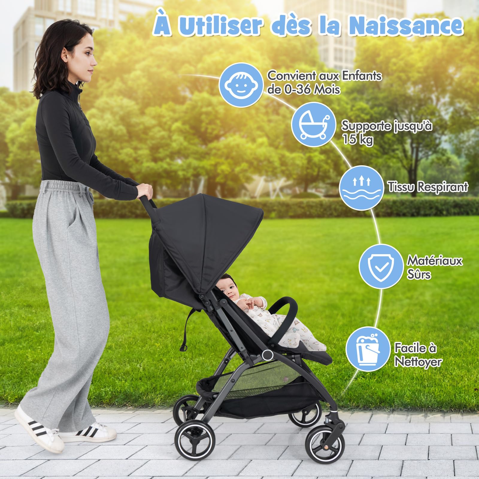 GOPLUS Poussette Canne Compacte pour 6+ Mois, Poussette Bebe Légère 6,2KG avec Capote Ajustable, Panier de Rangment, Harnais 5 Points, Penus EVA Tout Terrain, Pliage à Une Main (Noir)
