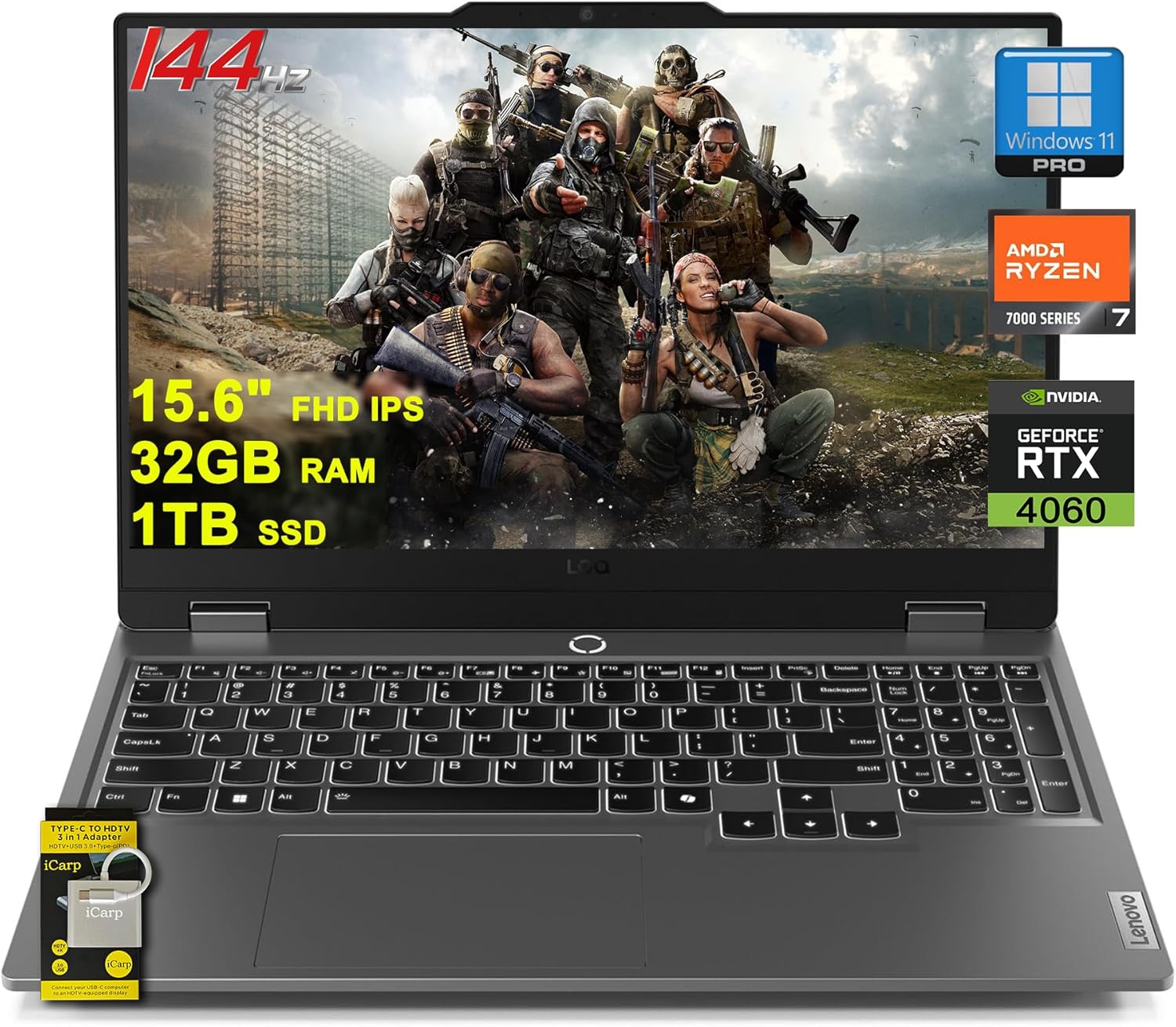Lenovo LOQ Gaming Laptop 15.6" FHD IPS 144Hz (100% sRGB G-SYNC) AMD Octa-Core Ryzen 7 7435HS (Beats i7-12650H) 32GB RAM 1TB SSD GeForce RTX 4060 Backlit Nahimic Rapid Charge Win11Pro w/ICP Accessory