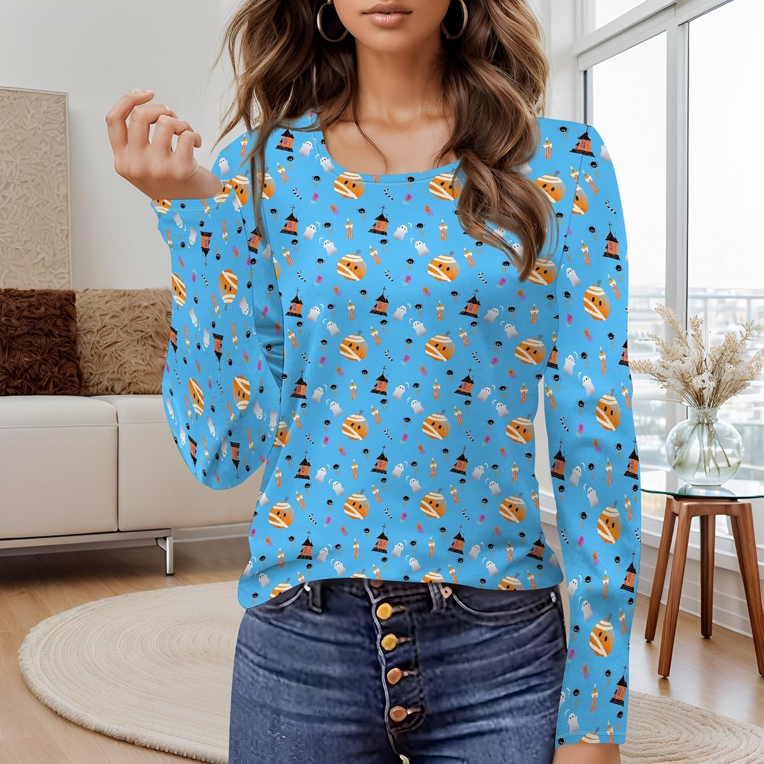 Halloween Sweatshirts For Women Cute Pullover Fall Long Sleeve Pullover U-Neck Halloween Crazy Party Club Clothes - Image 2