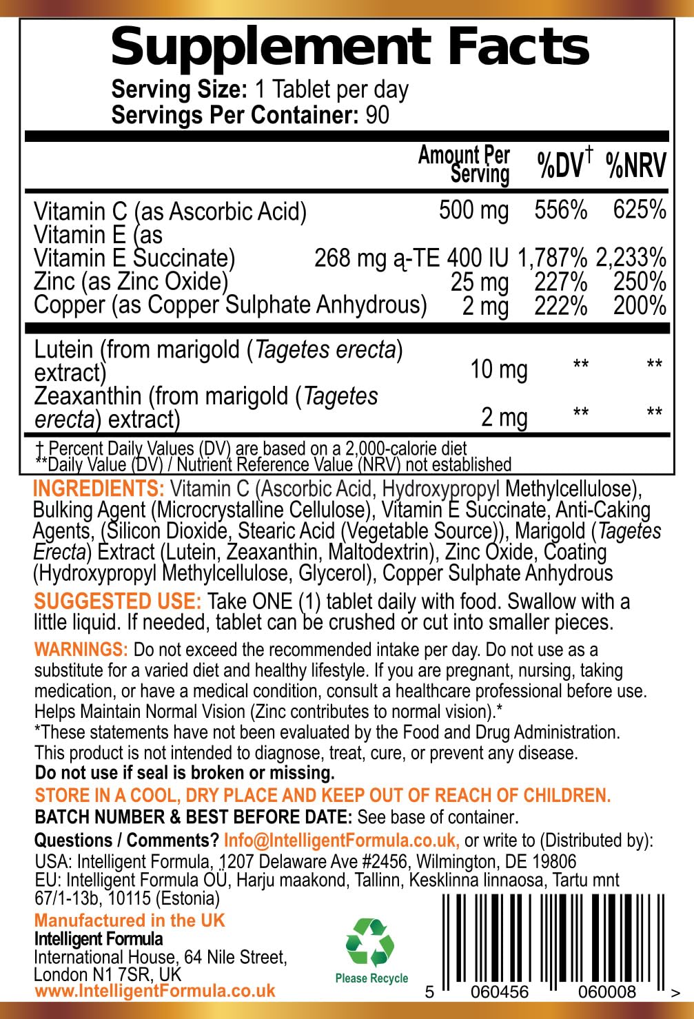Vision Defender AMD Vitaminas para los ojos AREDS2 – Fórmula AREDS 2 exacta con luteína y zeaxantina, vitaminas C y E, zinc 25 mg y cobre – 90 comprimidos veganos para el apoyo de la salud visual