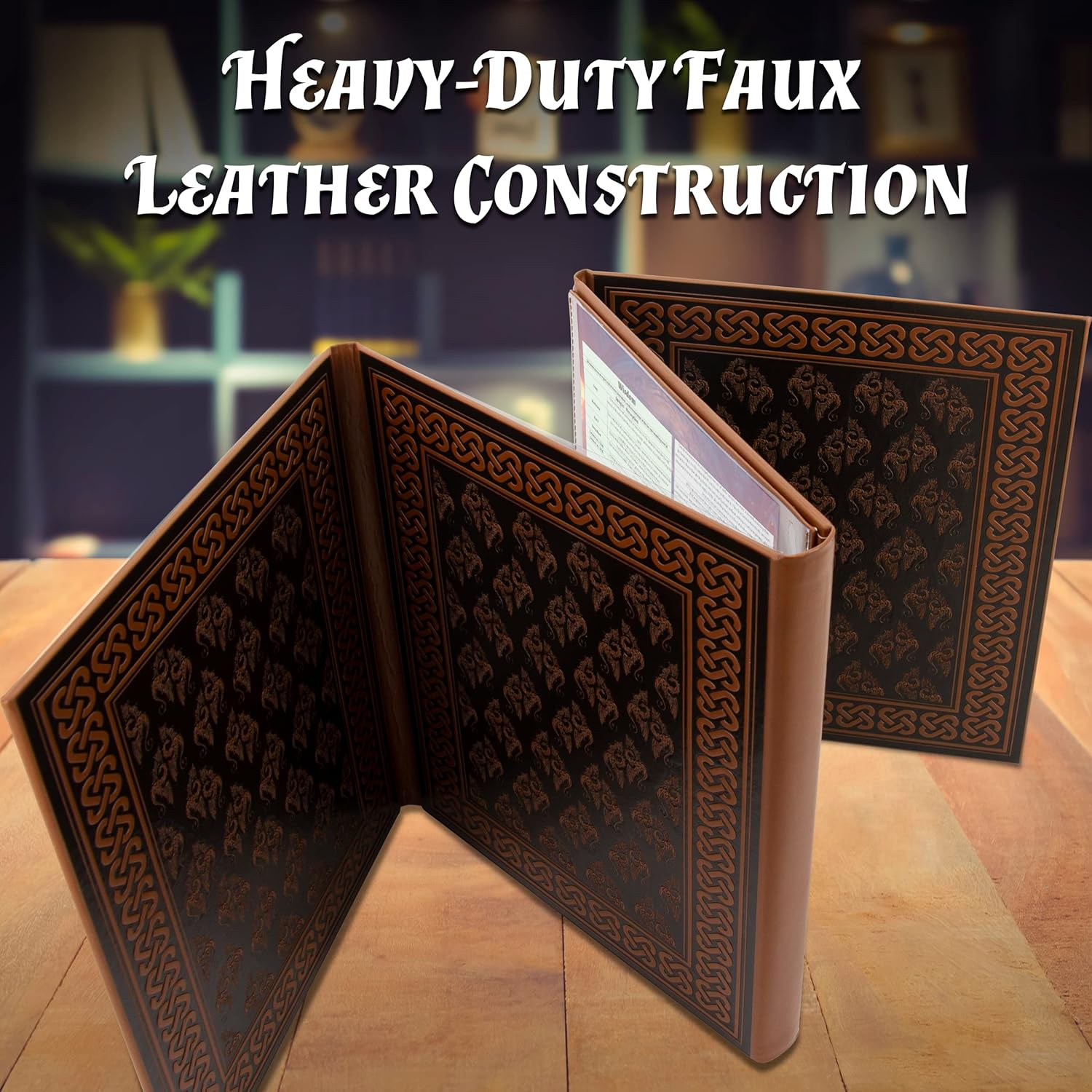 CASEMATIX DM Screen Faux Leather Embossed GM Screen - Four Panel Folding Dungeon Master Screen with Wet Erase Transparent Pockets and Compatible with Tabletop Roleplaying Games, Inserts Not Included