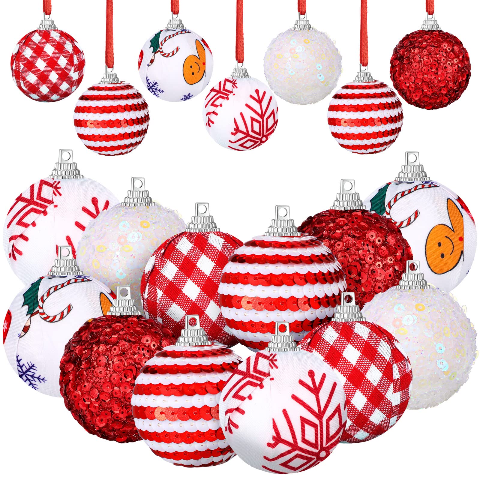 12 Pieces Christmas Balls Ornaments Christmas Balls Tree Decoration Red Buffalo Plaid Ball Ornament Sequin Xmas Hanging Ornaments for Christmas Tree Decoration Party Supplies (Red and White, Fresh)