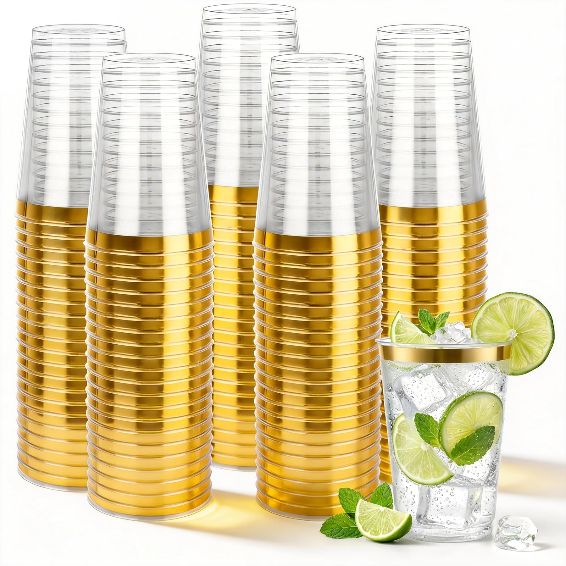 200 Pack 12 oz Gold Rimmed Disposable Plastic Cups for Party