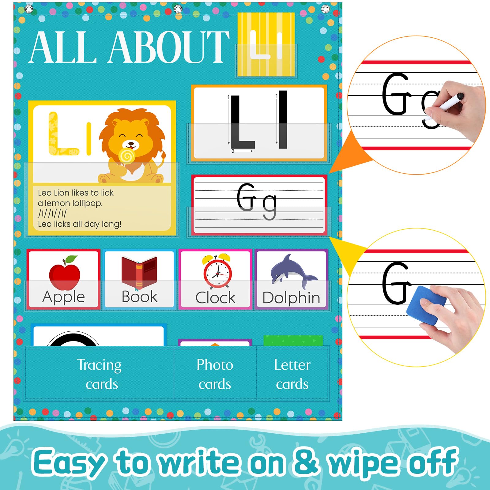 Motiskyy 34" x 27" All About Letters Pocket Chart Alphabet Learning Pocket Chart Letter of The Day/Week Activity Wall Alphabet Card for Homeschool Preschool Kindergarten Kid Learning(Blue, Delicate) - Image 5