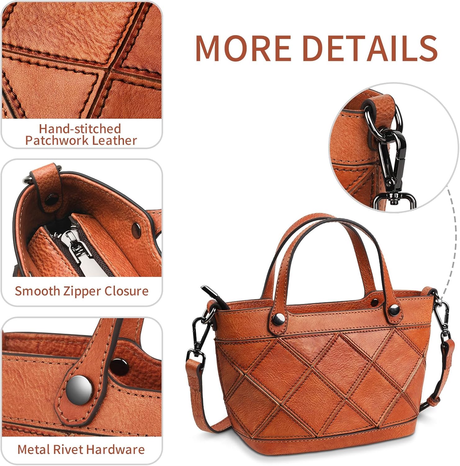 Genuine Leather Small Handbag for Women Crossbody Shoulder Bag Top Handle Purse Vintage Style Hand Stitched Patchwork with Adjustable Strap