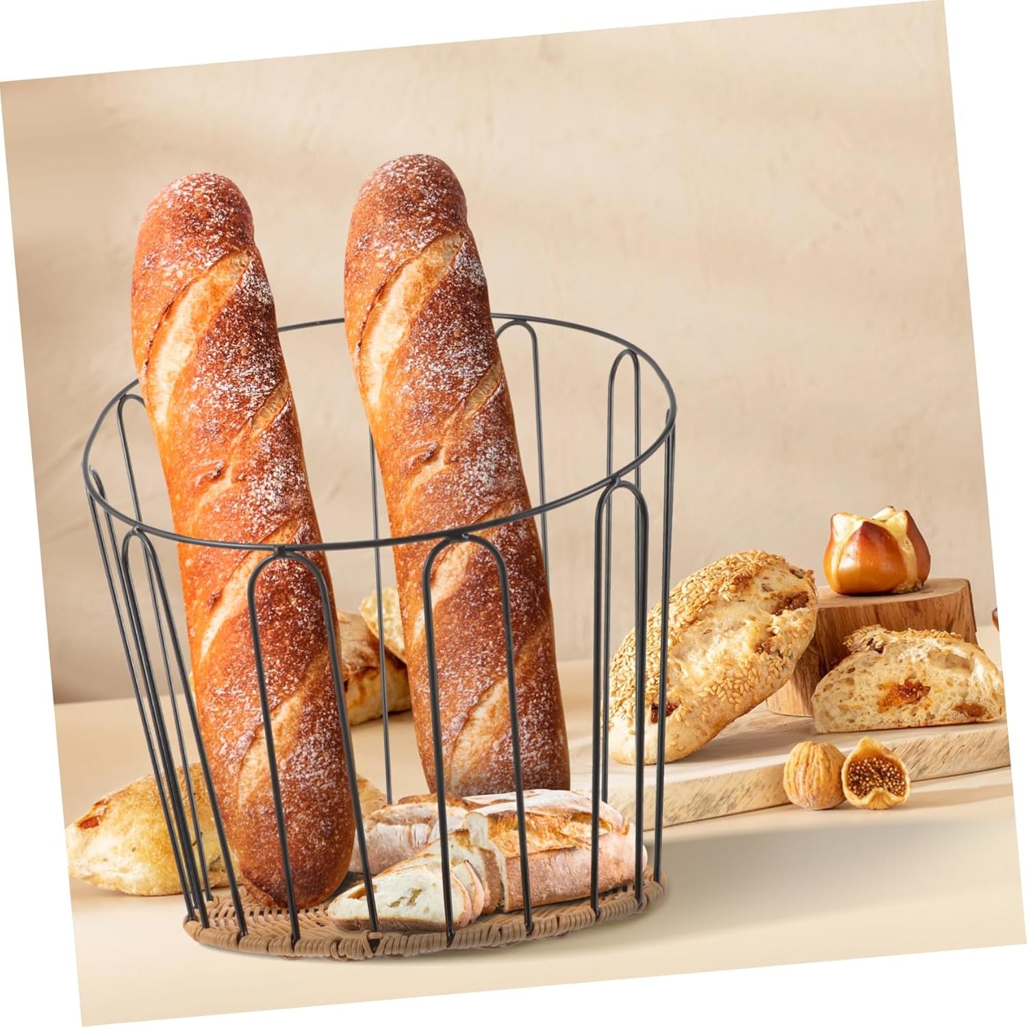 Mikinona Bread Storage Basket Iron Frame Hollow Design for Kitchen Countertop Rustic Woven Basket for Banquets Safe Material Decorative and Functional Storage