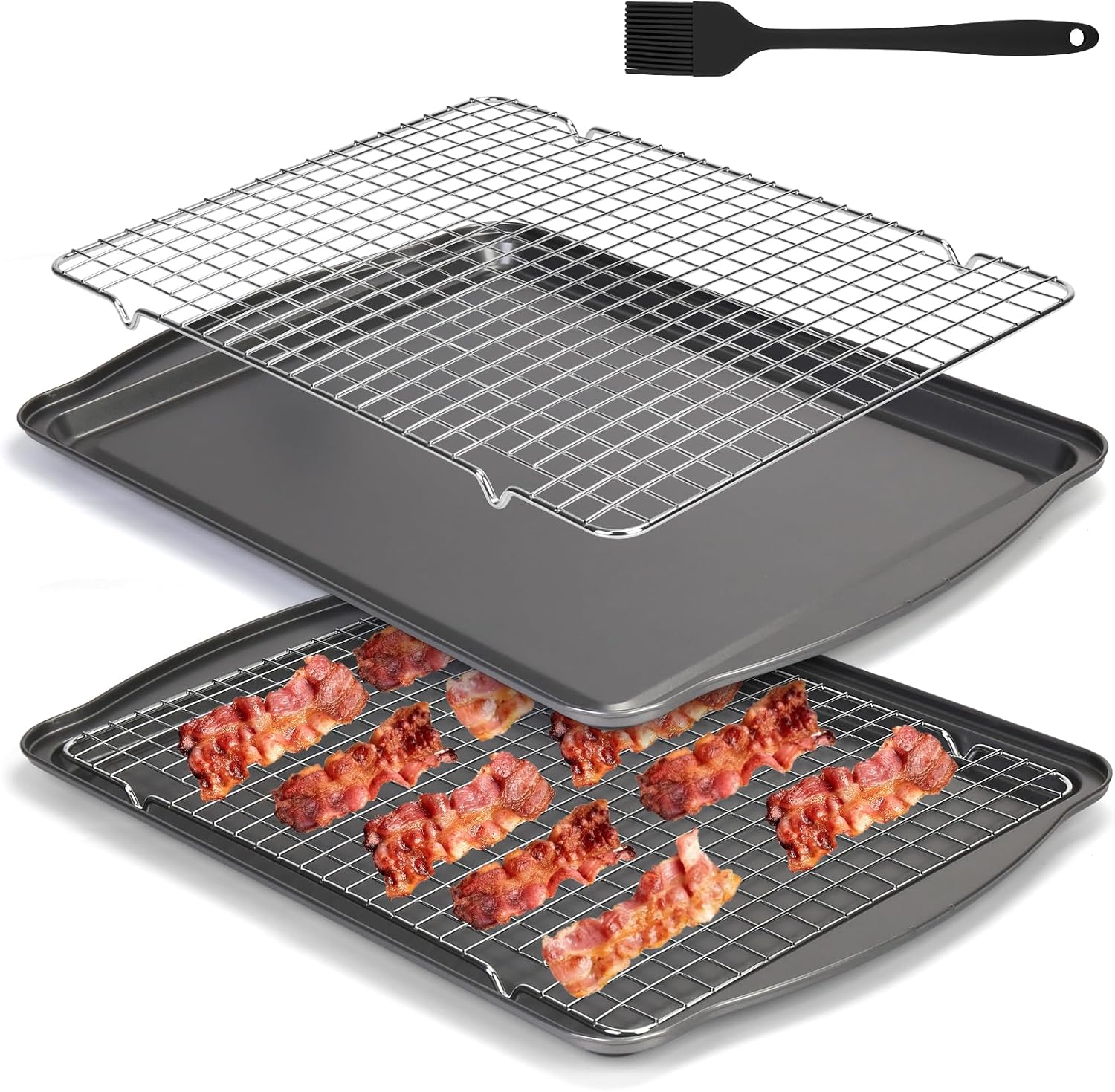Baking Sheet with Cooling Rack, 17” x 12” Nonstick Carbon Steel Cookie Sheets Pan Set with Wire Racks for Baking and Cooking, Baking & Cookie Sheet Pan Oven Tray Non Toxic (2 Pans + 2 Raised Racks)