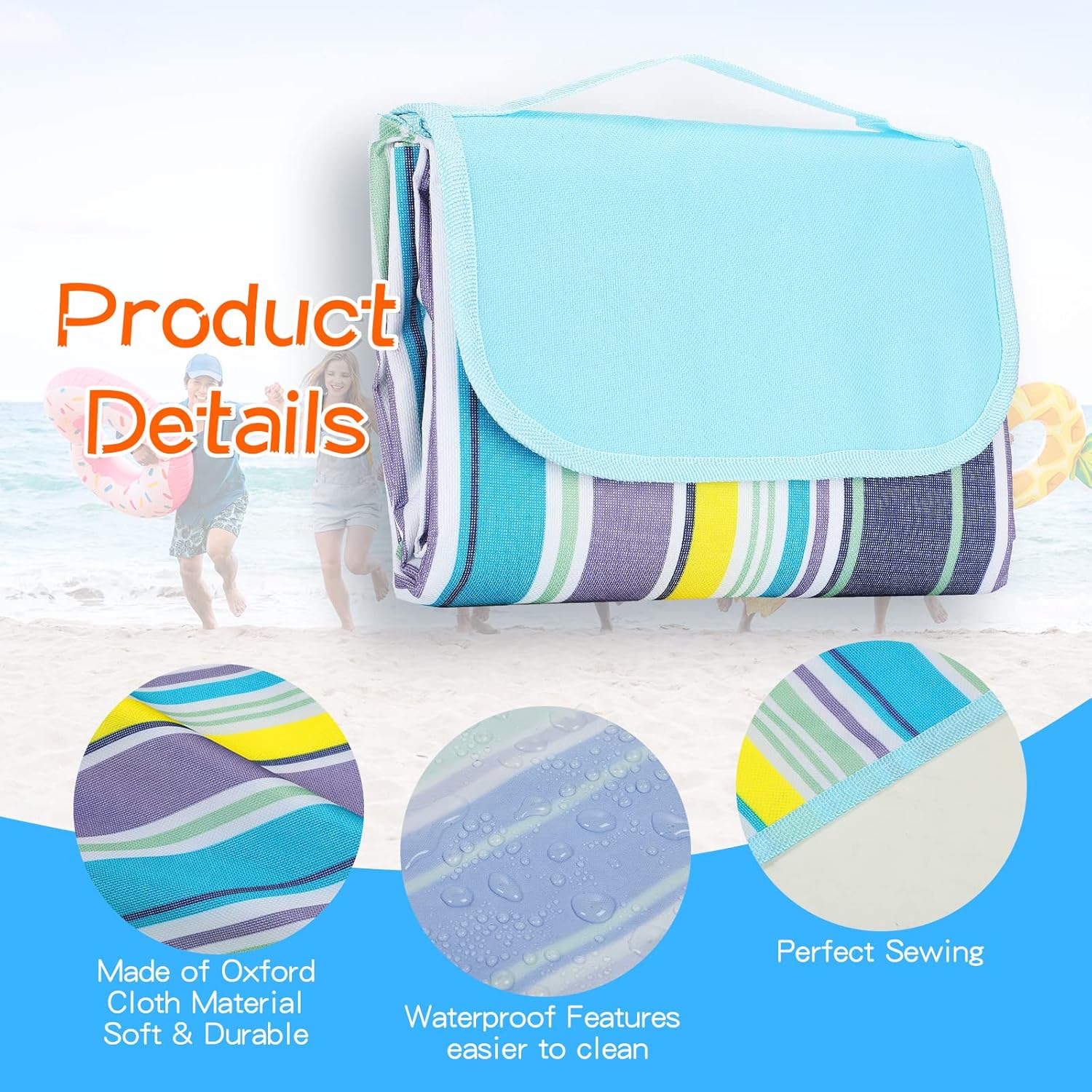 Shellwei 6 Pcs Beach Blankets Waterproof Sandproof Extra Large 80 x 60 Inch Outdoor Picnic Blankets Foldable Portable Beach Mat Tote Travel Supplies for Camping Park Grass(Blue Stripes)