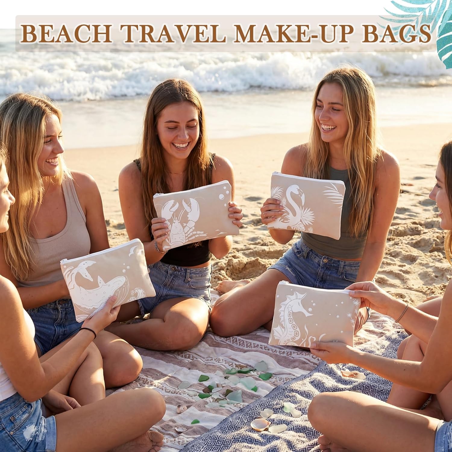 Kacctyen 10 Pcs Beach Makeup Bags Bulk Zipper Pouch Canvas Beach Themed Cosmetic Bag for Women Cruise Ship Essential Sea Summer Vacation Organization Cruise Party Favor Bridesmaid Wedding (White)