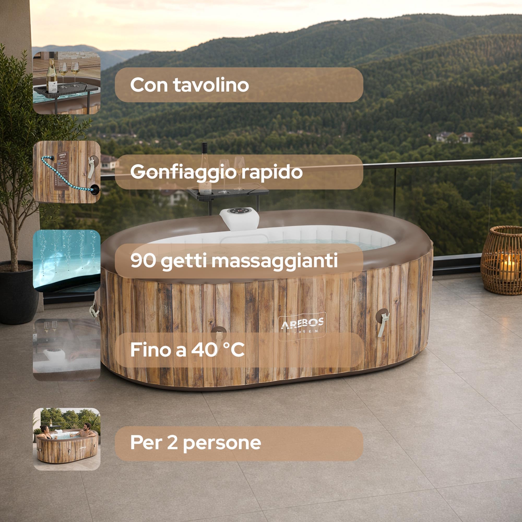Arebos Vasca idromassaggio | Gonfiabile | Indoor & Outdoor | 190x120 cm ovale | 2 persone | 90 getti di massaggio | con riscaldamento | 550 litri | Incl. copertura | Bubble Spa & Wellness Massage