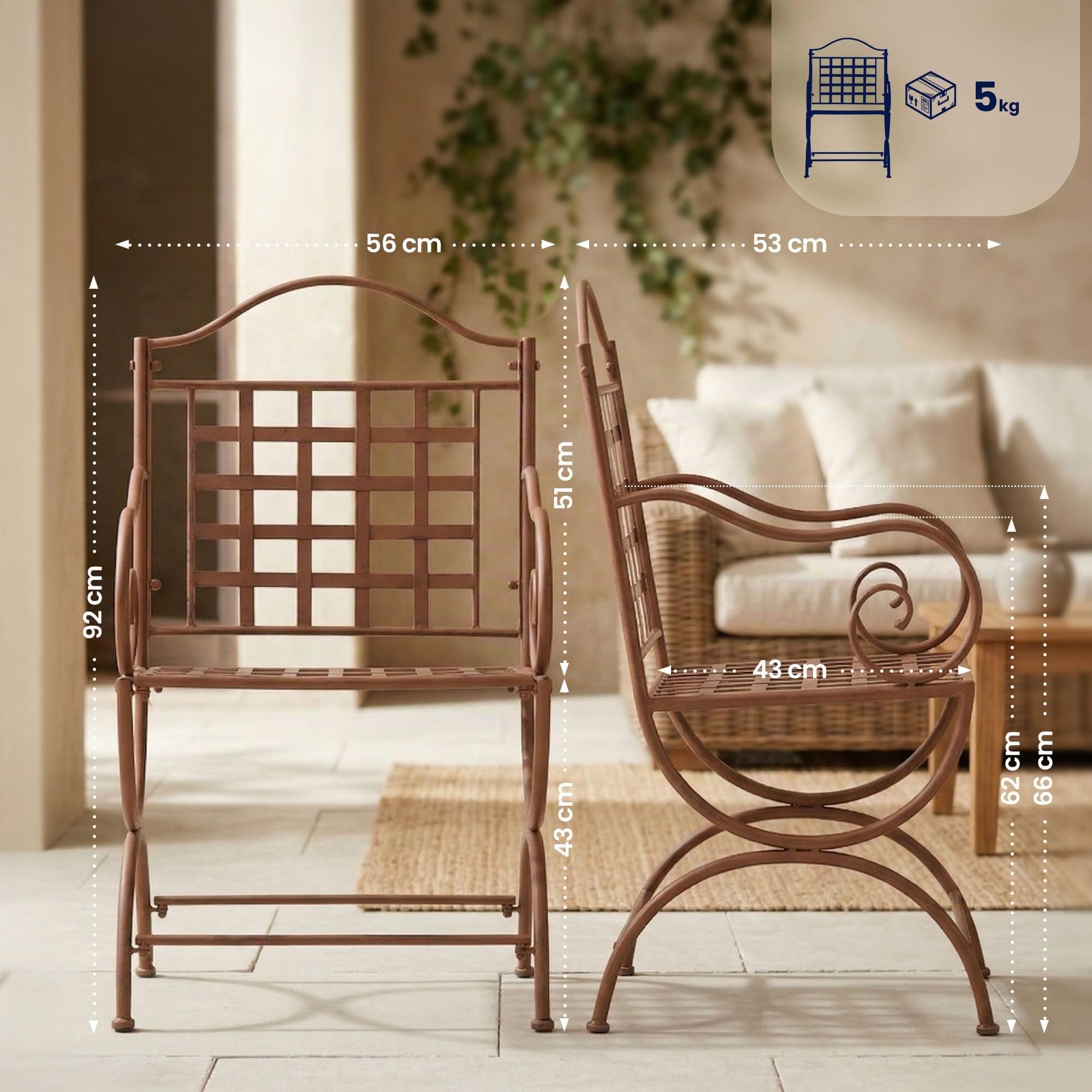 CLP Lot De 4 Chaises De Jardin Lotta I Chaise D'Extérieur en Fer avec Accoudoirs Style Antique Couleur:Marron Antique