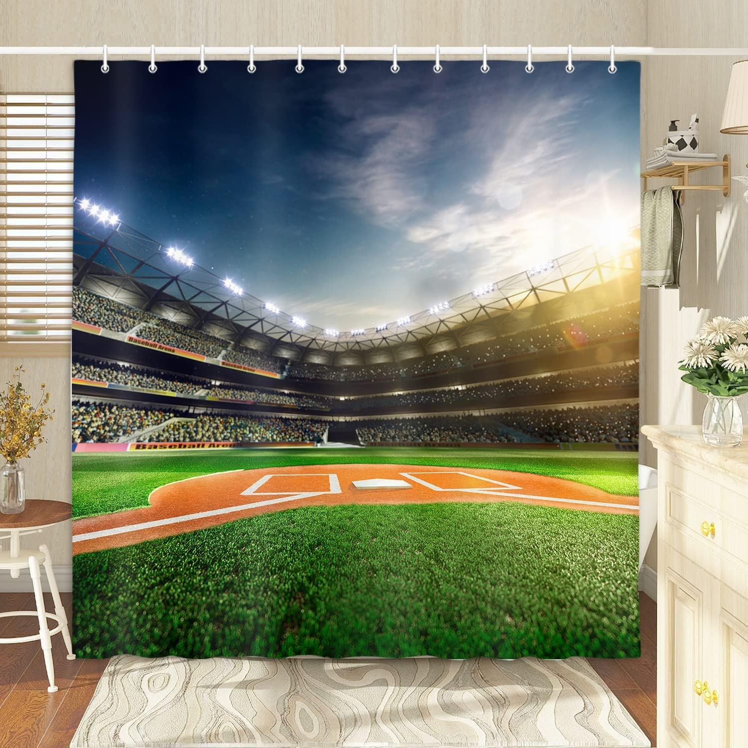 DYNH Sports Field Shower Curtain, Professional Baseball Grand Arena in The Sunlight, Fabric Baseball Bathroom Decor, Bath Curtains Accessories, 60X70IN