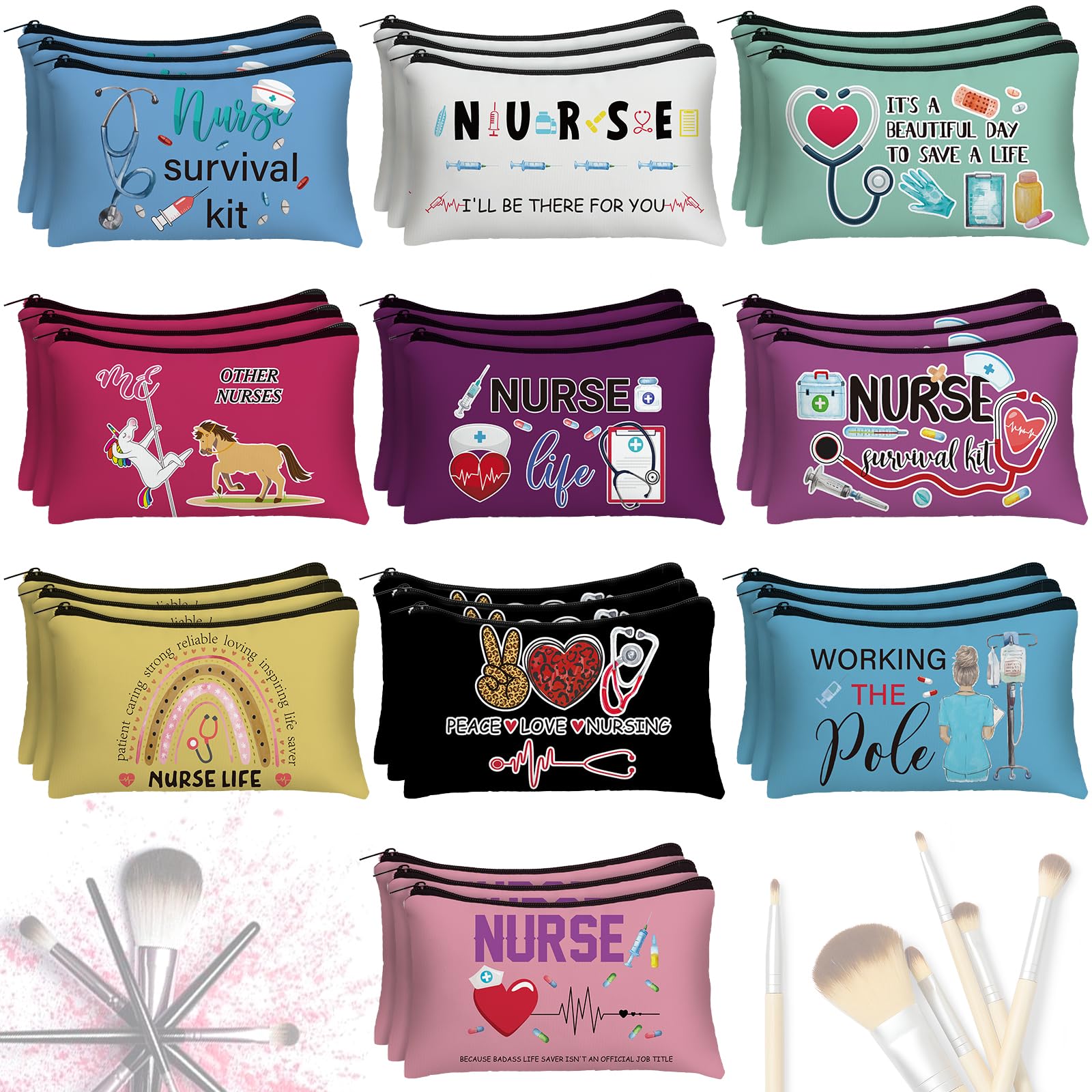 Irenare 30 Pcs Nurse Appreciation Week Gifts Nurse Survival Kit Canvas Makeup Bags Cosmetic Peace Love Nursing Travel Toiletry Case Earpiece Toiletry