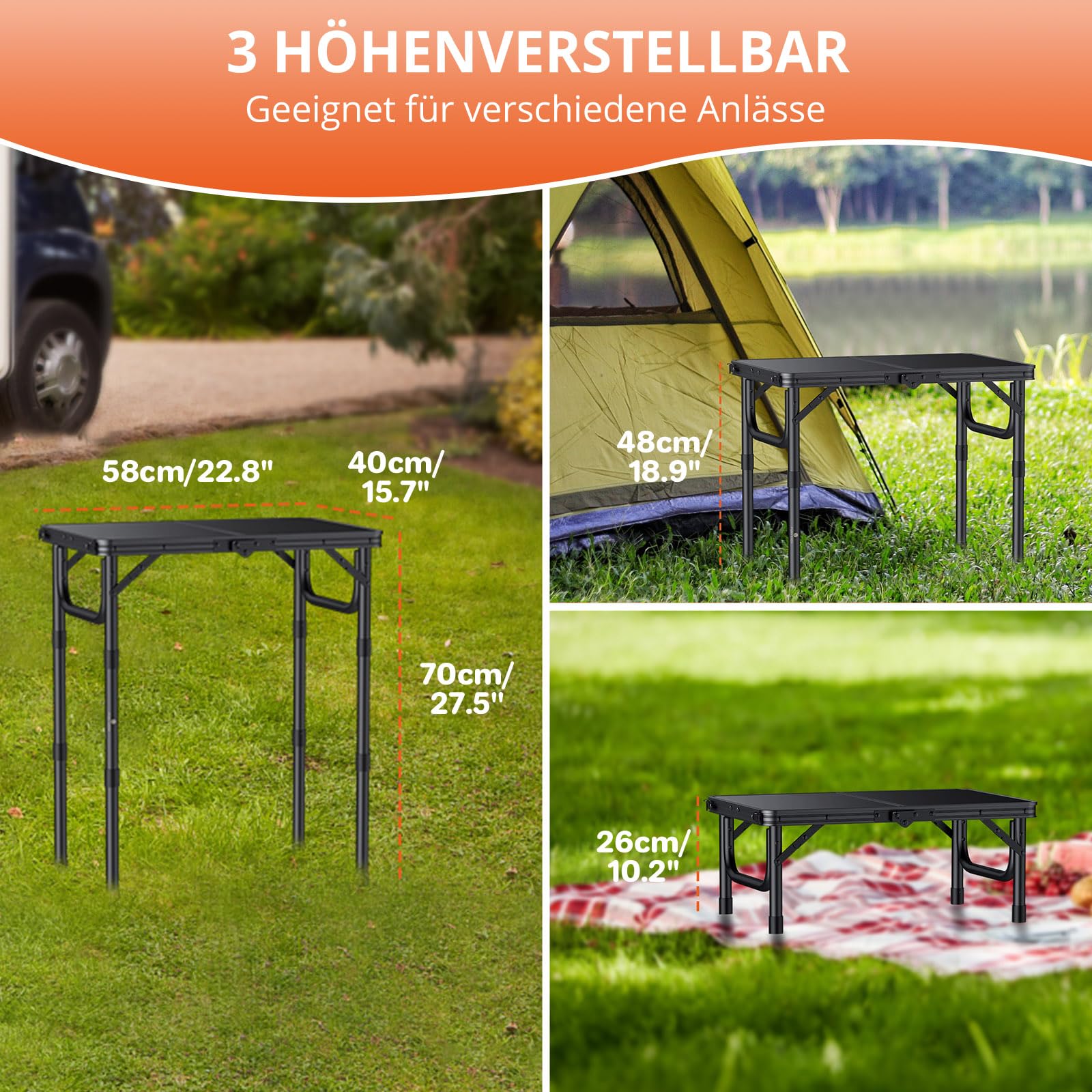 FUNYKICH Campingtisch Klapptisch 58x40cm, Faltbarer Grilltisch mit 3 Höhen Verstellbarer(26/48/70cm), Aluminium Tragbar Falttisch, MDF Platten Multifunktionstisch für Picknick Camping Balkon - Schwarz