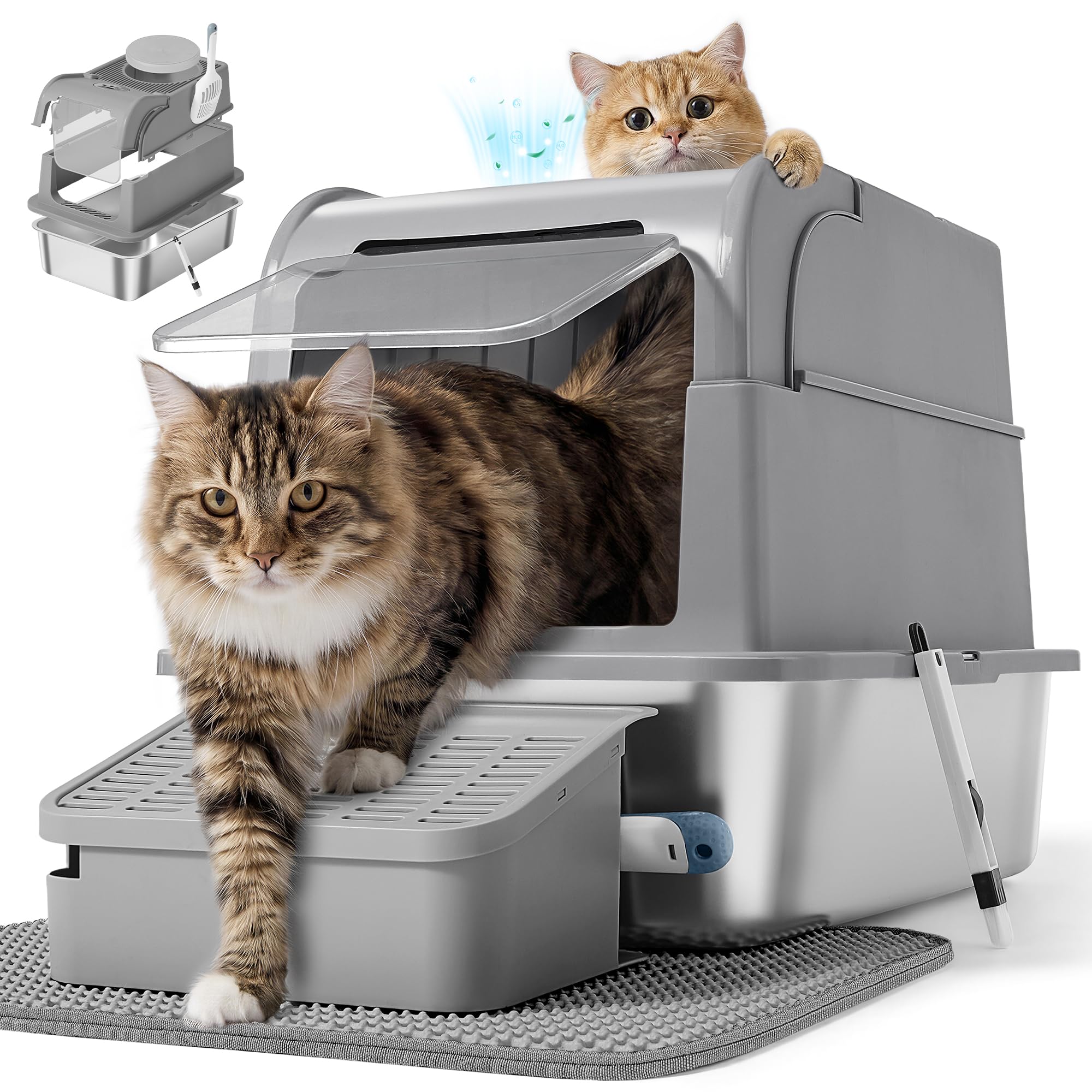 Feandrea Lettiera per Gatti in Acciaio Inox con Coperchio, Lettiera Chiusa, 2 Ingressi, Paletta e Spazzola, Toilette per Gatti fino a 15 kg, Grigio Tortora PPT021G201
