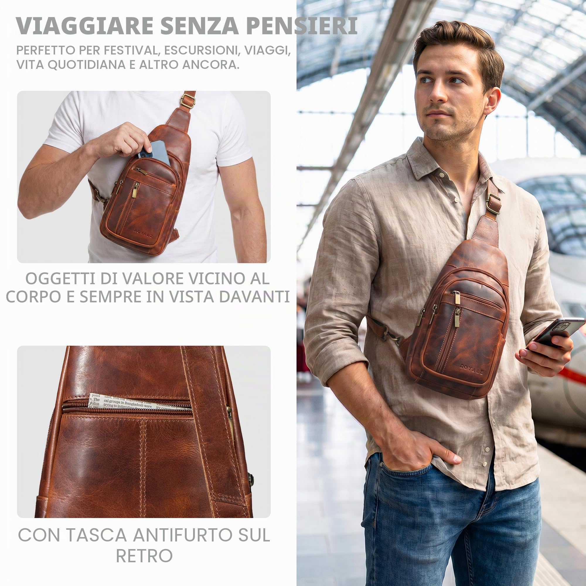 ROYALZ "Portofino" Zaino Monospalla Uomo Pelle Vera - Crossbody Bag Borsello a Tracolla Piccolo Moderno - Marsupio Antifurto per Viaggio e quotidiano