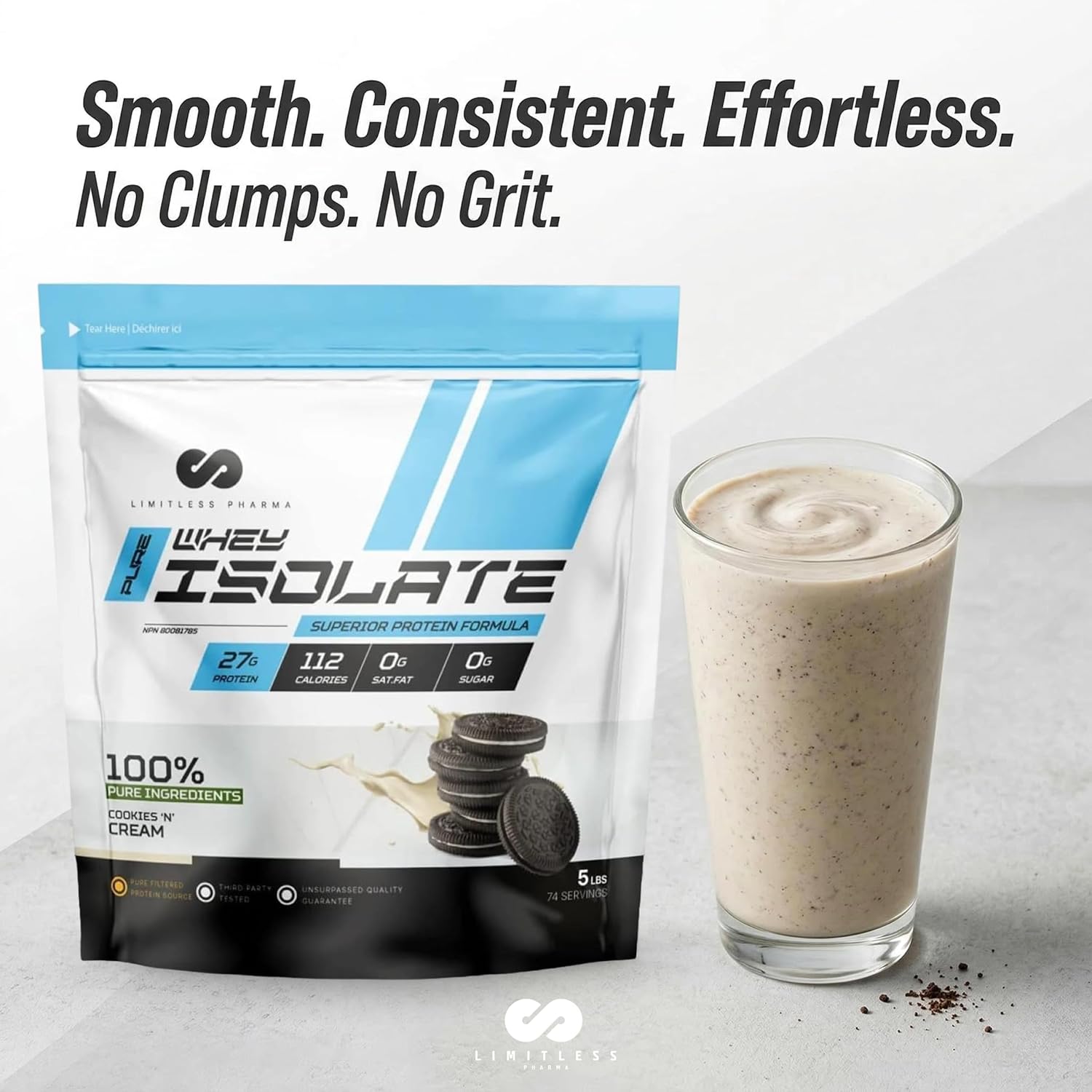 Limitless Pharma Pure Whey Isolate | High Protein Whey Isolate Protein Powder | 27g Protein, 6g BCAAs, Sugar Free, Gluten Free, Low Carb, Low Lactose | 30 Servings, 2LB (Vanilla)