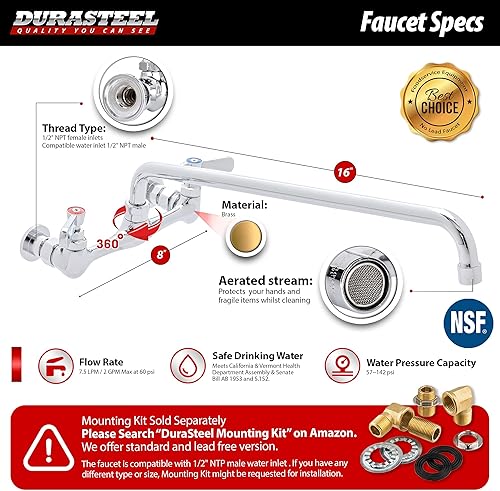 Miniatura 5 de DuraSteel - Grifo para fregadero de cocina sin plomo, grifo de fregadero de cocina comercial de 8 pulgadas montado en la pared central con boquilla