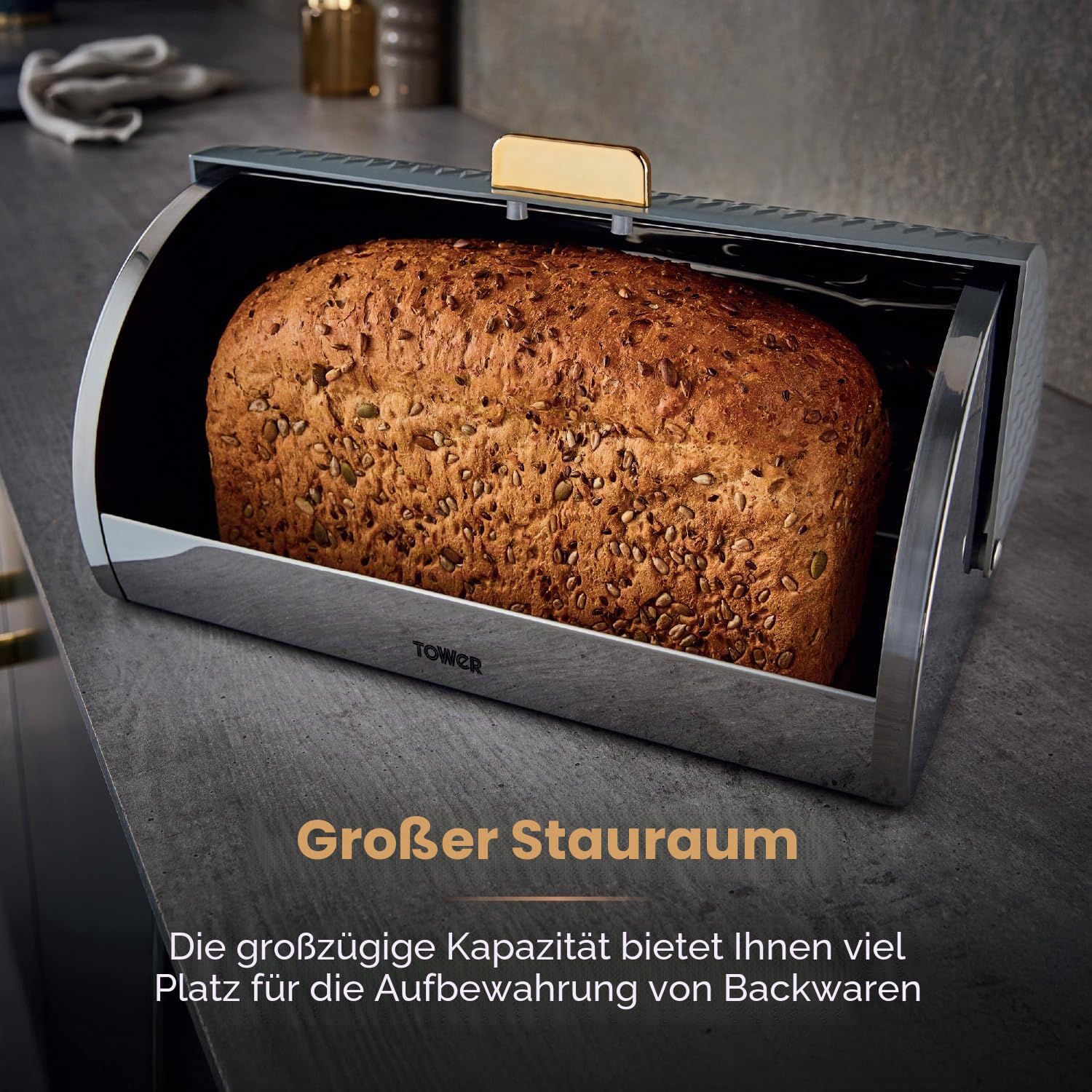 Tower T826090GRY Empire Brotkasten mit Rolldeckel, Edelstahl, Grau und Messing, Einheitsgröße