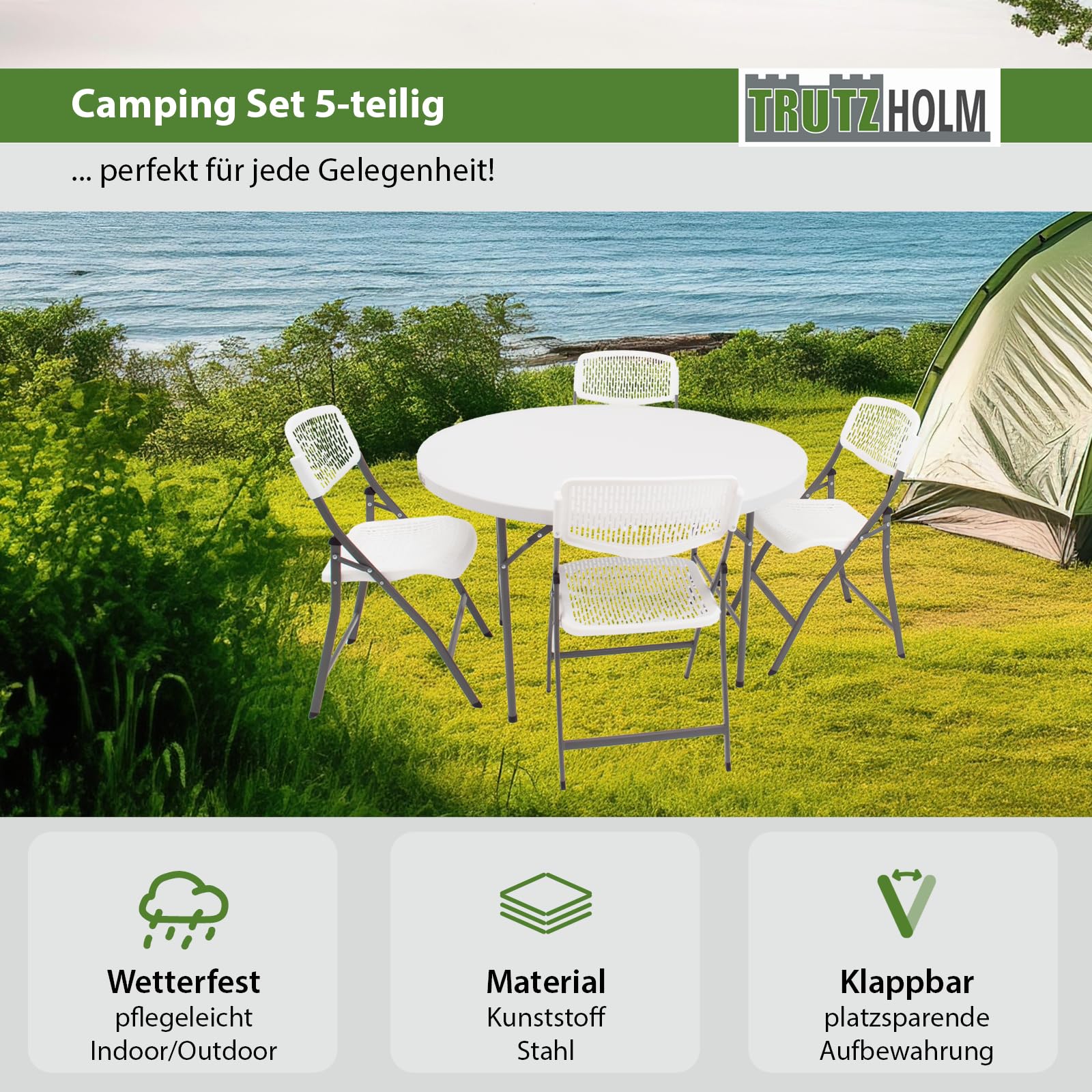 TRUTZHOLM Campingset Klapptisch rund Ø 120 cm mit 4 Klappstühlen in weiß aus Kunststoff/Stahl Reisetisch mit Tragegriff