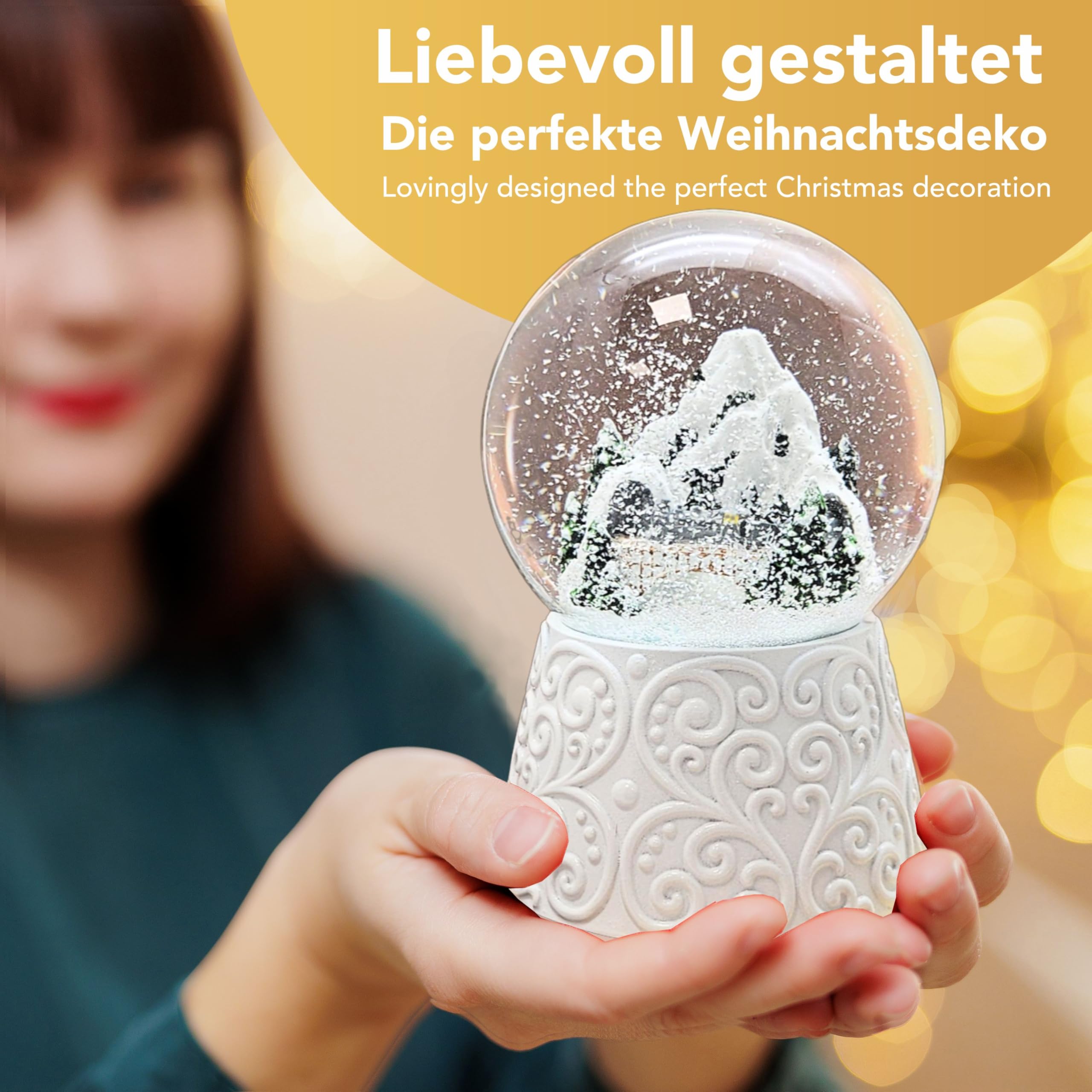 Weihnachts-Schneekugel mit Musik | Berglandschaft mit Brücke | Sockel weiß Ornament | 100mm breit, 140mm hoch | mechanische Spieluhr | Weihnachtsdekoration | 20292