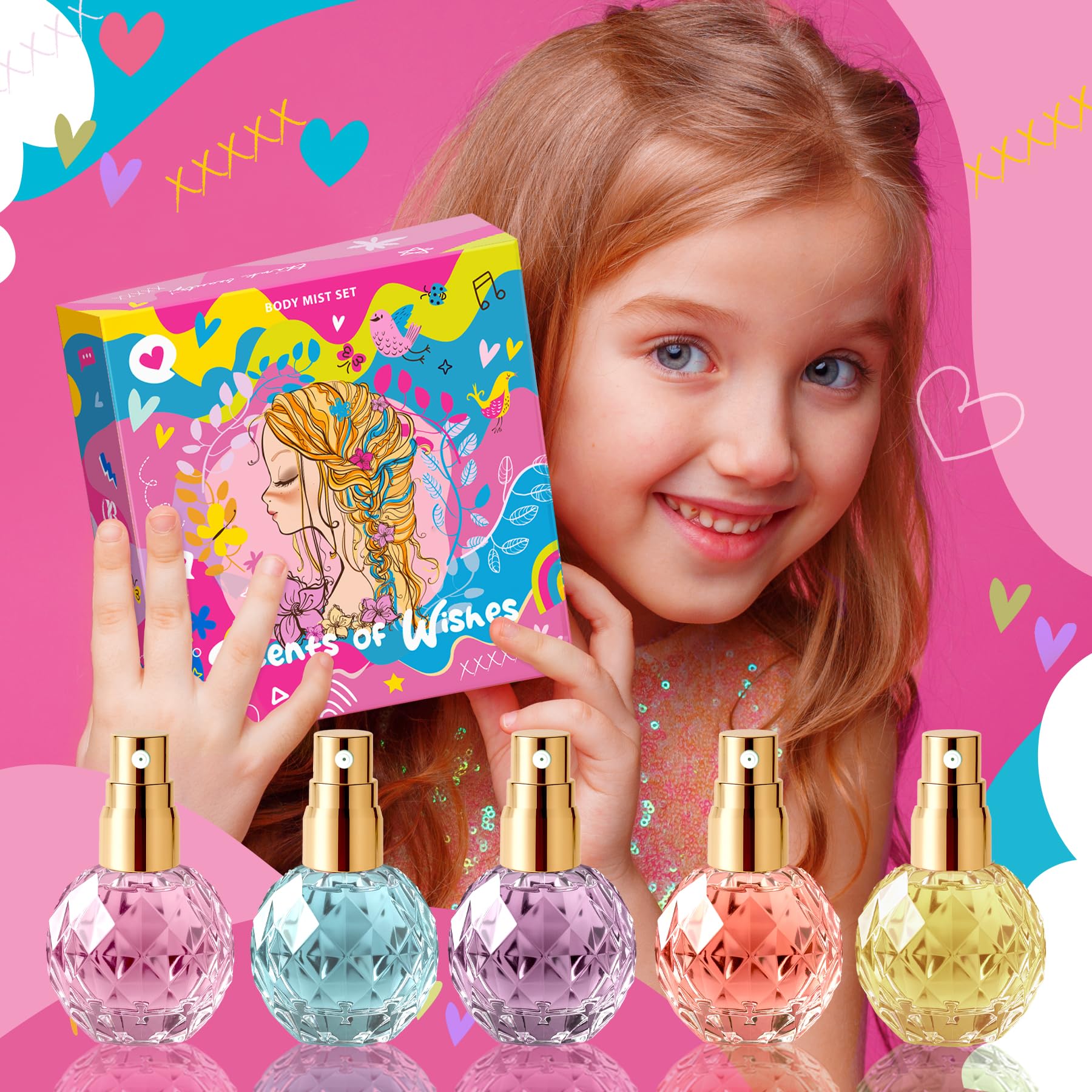 Set di Body Mist per Ragazze "Scents of Wishes" – 5 Flaconi in Vetro a Forma di Diamante con Finitura Dorata; 5 Profumi Esclusivi: Bacche, Frutti, Agrumi, Atmosfera Tropicale, Floreale