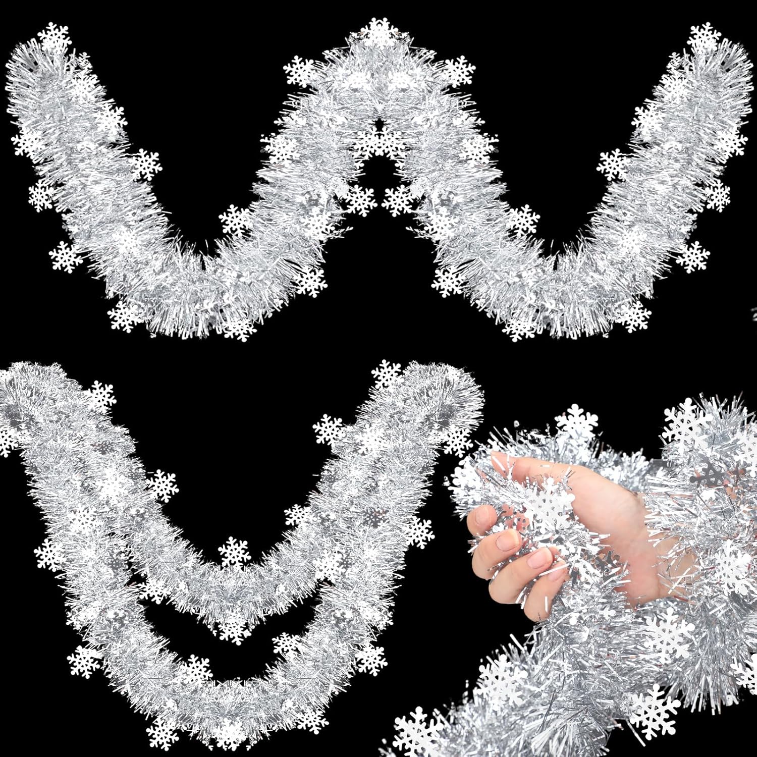105 Ft Christmas Snowflake Tinsel Garland Metallic Twist