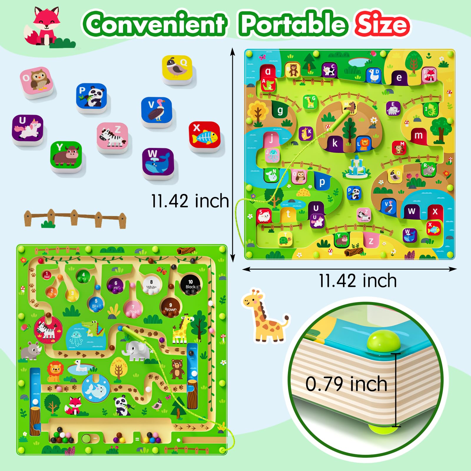 Magnete magnetico 2 in 1 per labirinto con numeri e colori, alfabeto con dinosauri, puzzle su entrambi i lati, abilità motorie, giocattoli montessori prescolari, regali per ragazzi e ragazze dai 3 ai
