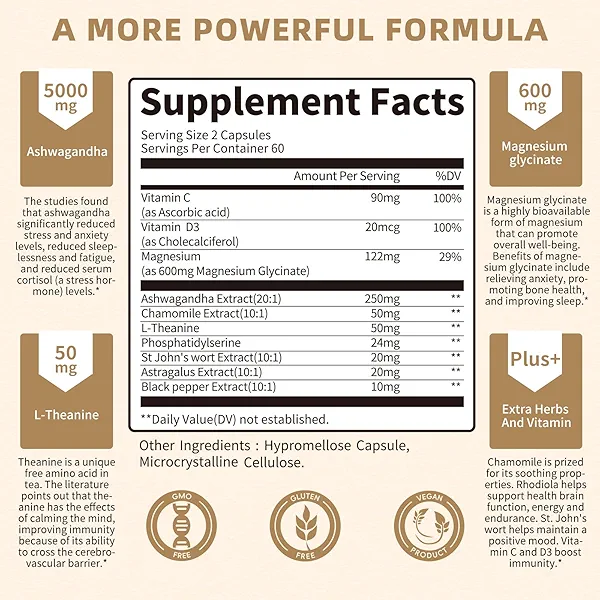 10-in-1 Cortisol Supplements with Magnesium, Ashwagandha, Chamomile, L-Theanine, Phosphatidylserine, St. John's Wort, Astragalus, Vitamin C & D3, for Women Men, 120 Vegan Capsules for 2 Month, Non-GMO