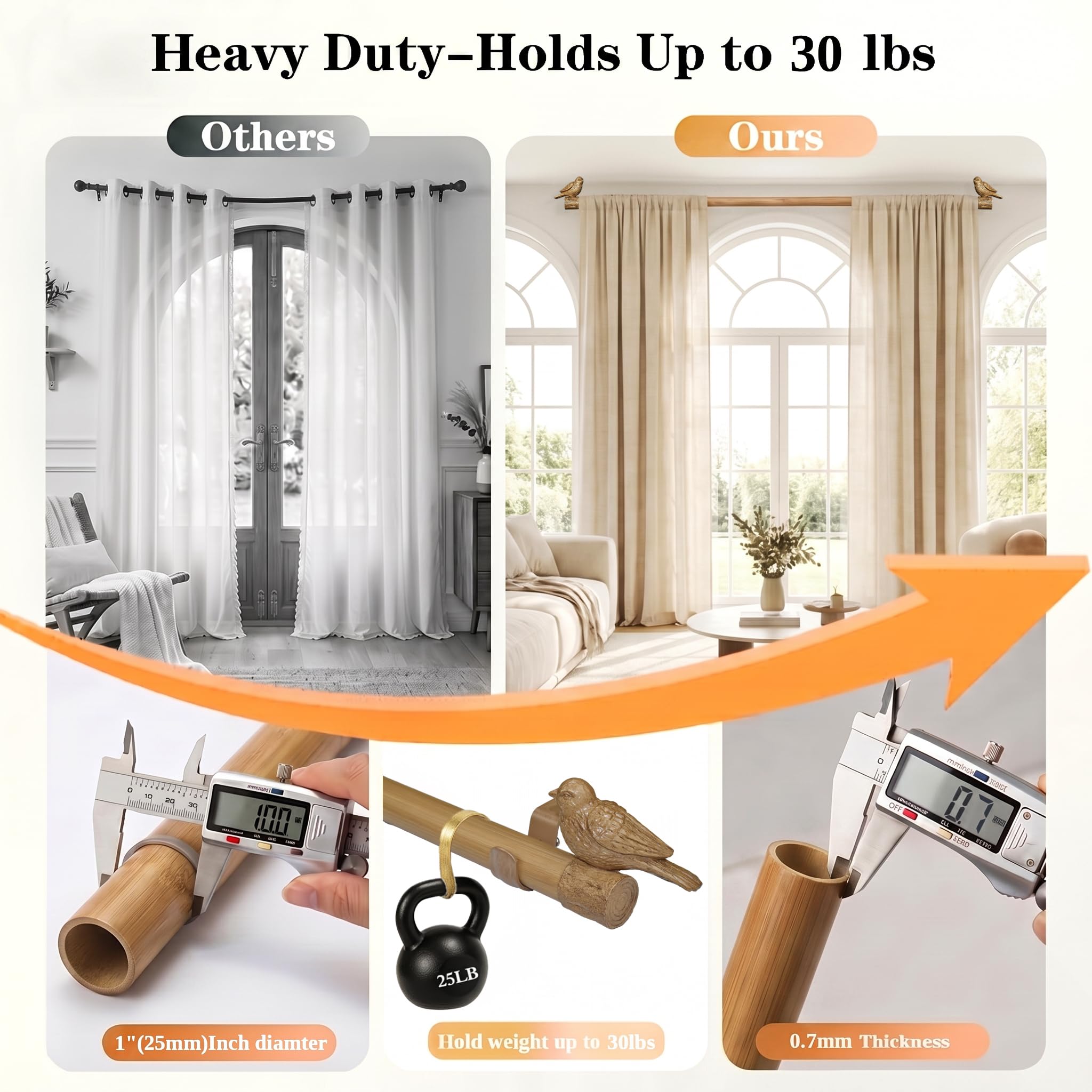 Tringle à Rideau Décorative Aspect Bois Télescopique avec Embout Oiseau, réglable 76-228cm tringle Métal pour fenêtres standard salon chambre cuisine baie vitrée, 25mm, supporte 13,6 kg