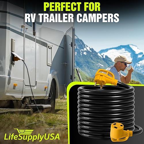 Miniatura 58 de Cable de extensión RV de 50 pies de 50 amperios (14-50P/SS2-50R) con 4 clavijas macho y mango de agarre, hembra con conector de bloqueo giratorio