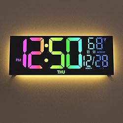 YISILE Digital Wall Clock Large Display, 13" Large Digital Wall Clock with RGB Color Remote Control, Automatic Brightness Dimmer Big Clock with Night Lights, Auto DST, Date Week,Perfect for Gift