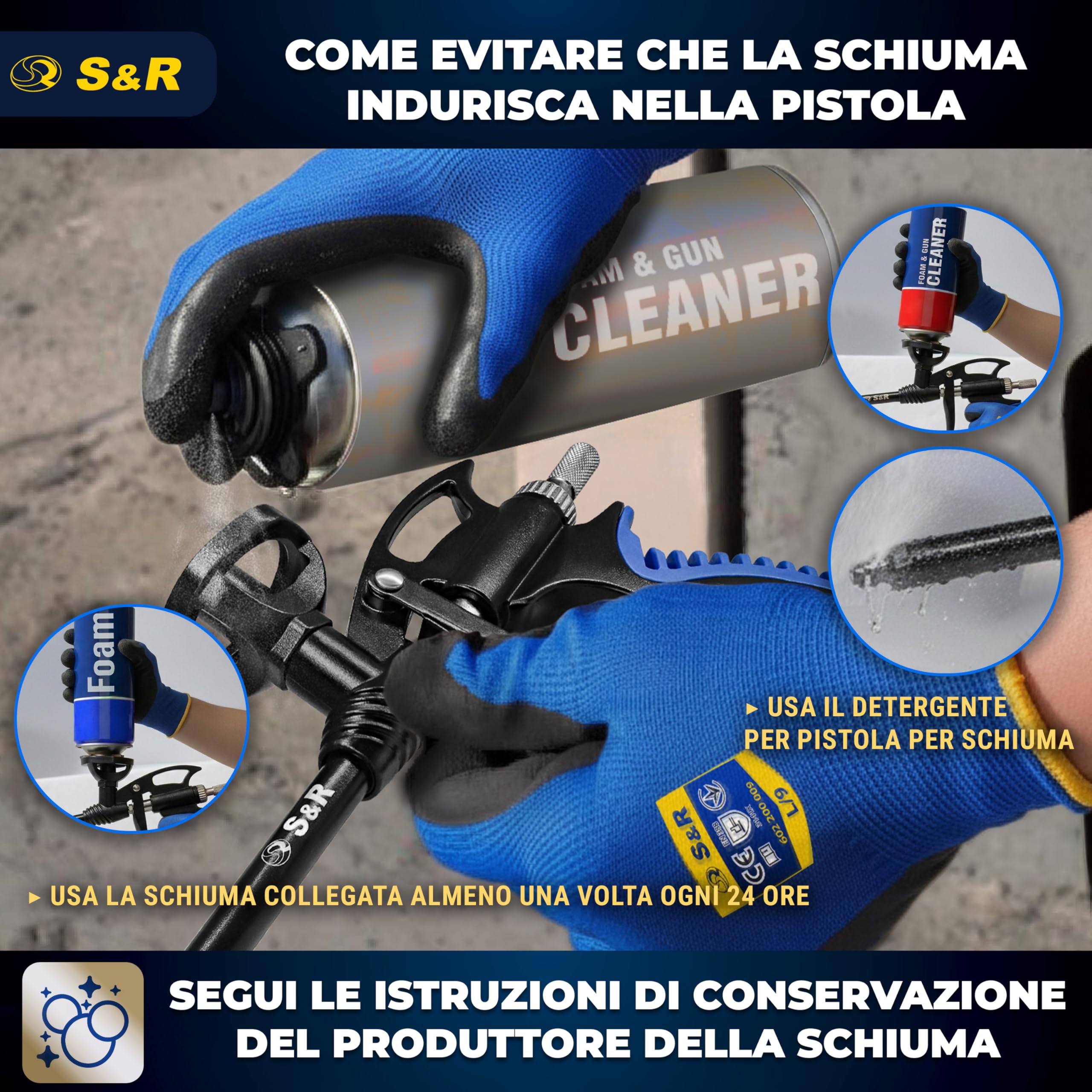 S&R Pistola Schiuma Poliuretanica Professionale PU 345 mm. Pistola per Schiuma Espansa Rivestimento Antiaderente e Ugello Acciaio Inox e Teflon. Foam Gun Dosaggio di Precisione.
