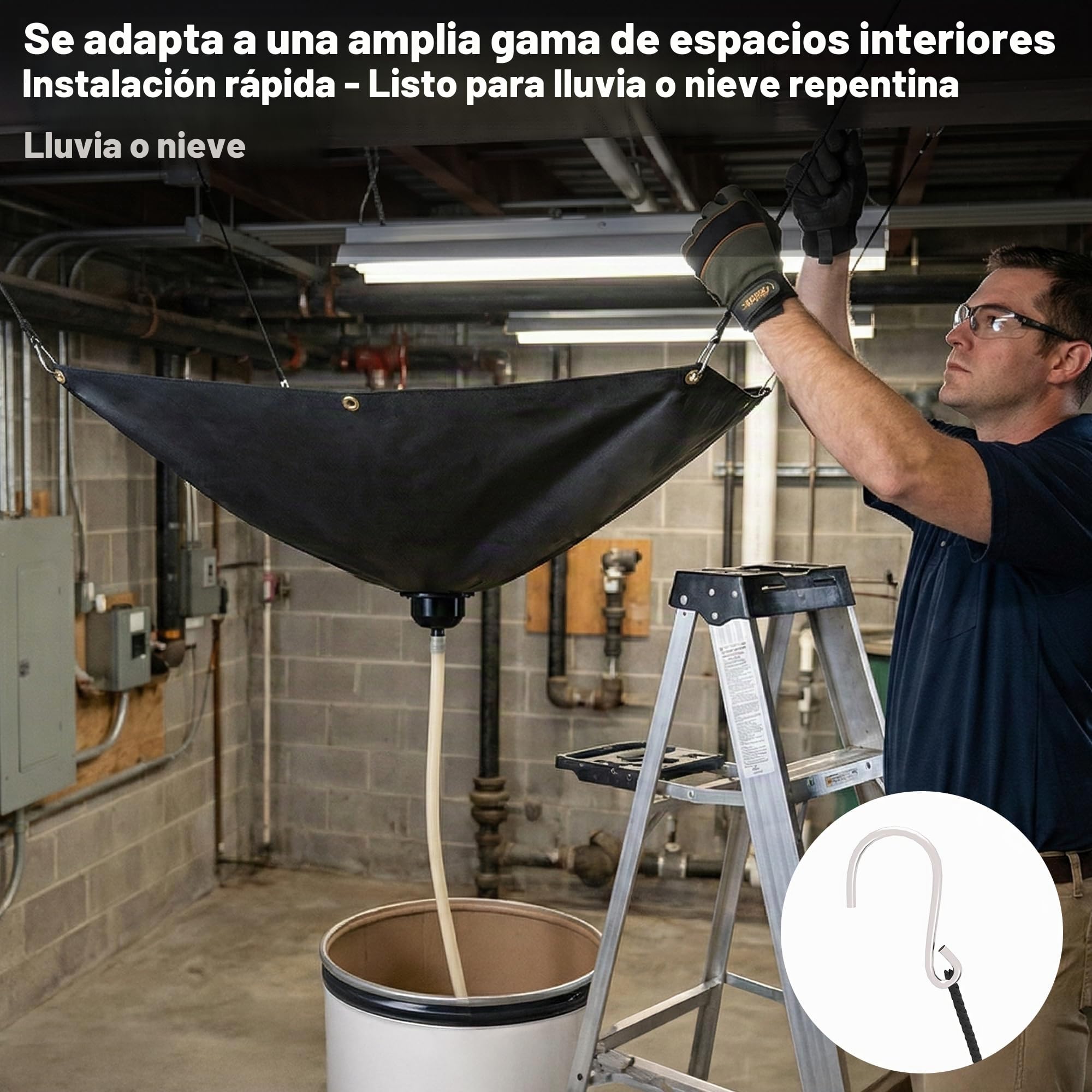 Tredre Lona de drenaje desviadora de fugas de techo, tela Oxford 420D resistente con manguera de drenaje de 10 pies, negro, 5 x 5 pies