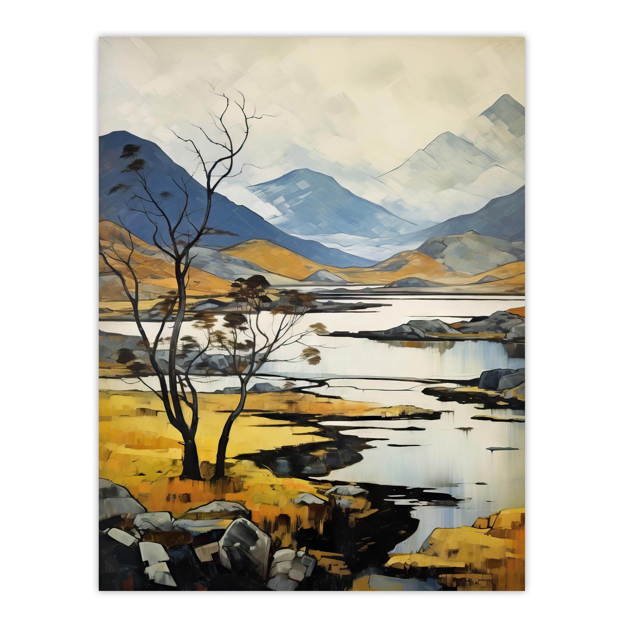 Artery8 Scottish Highlands In Autumn Oil Painting Ochre Blue Misty Mountains And Serene Lake Extra Large XL Wall Art Poster Print