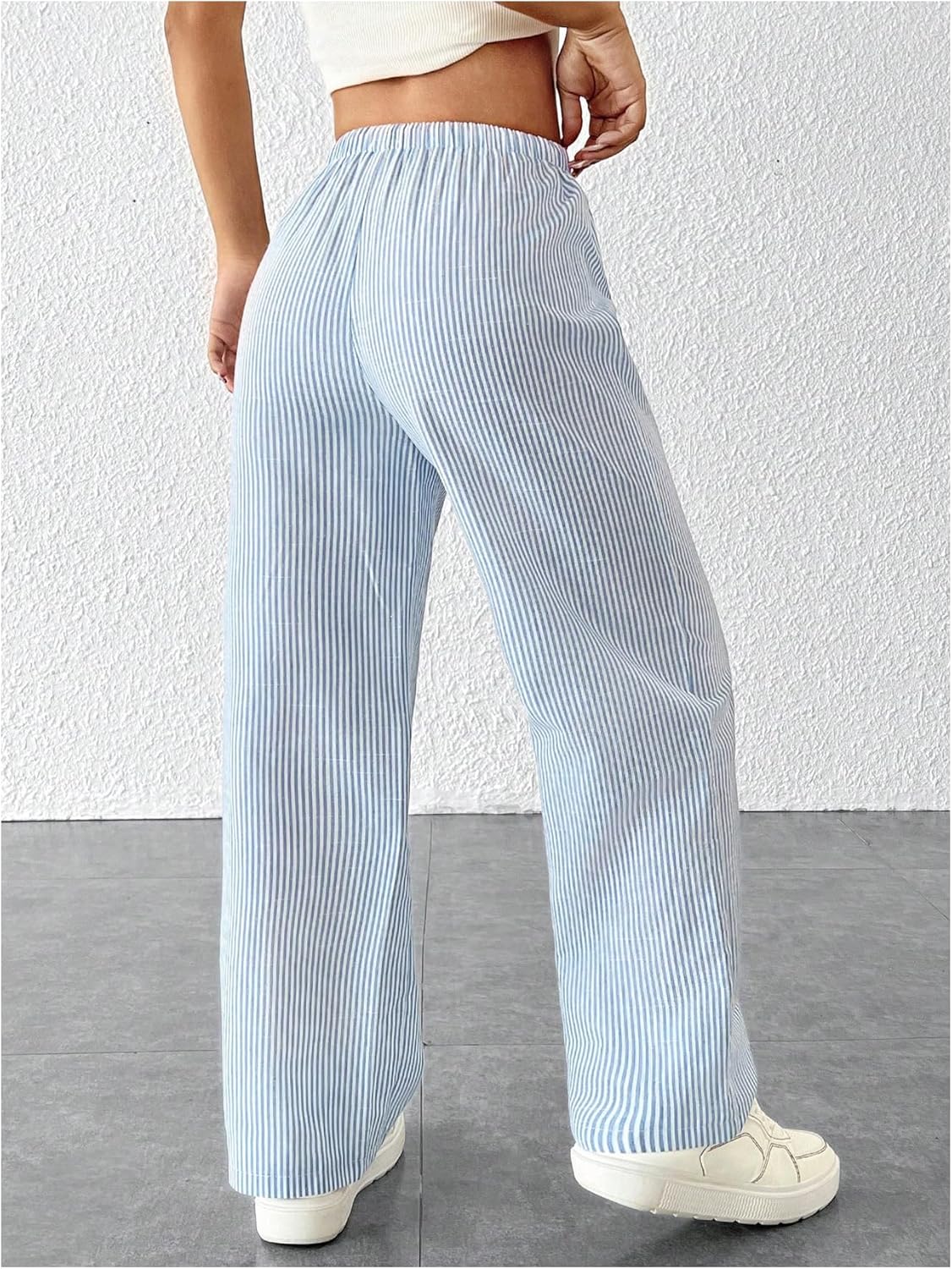 Milumia Women's Striped Wide Leg Low Rise Linen Pants Drawstring Elastic Waist Long Trousers with Pockets - Image 2