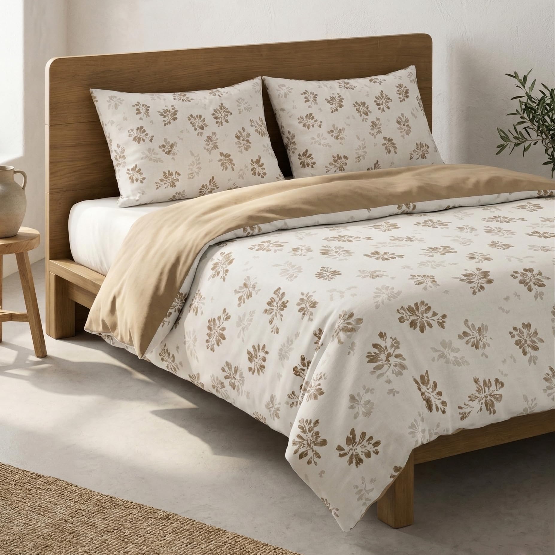 Duvet Cover Set 100% Cotton Floral 135/140 cm Bed with Pillowcases, Taupe, Reversible.