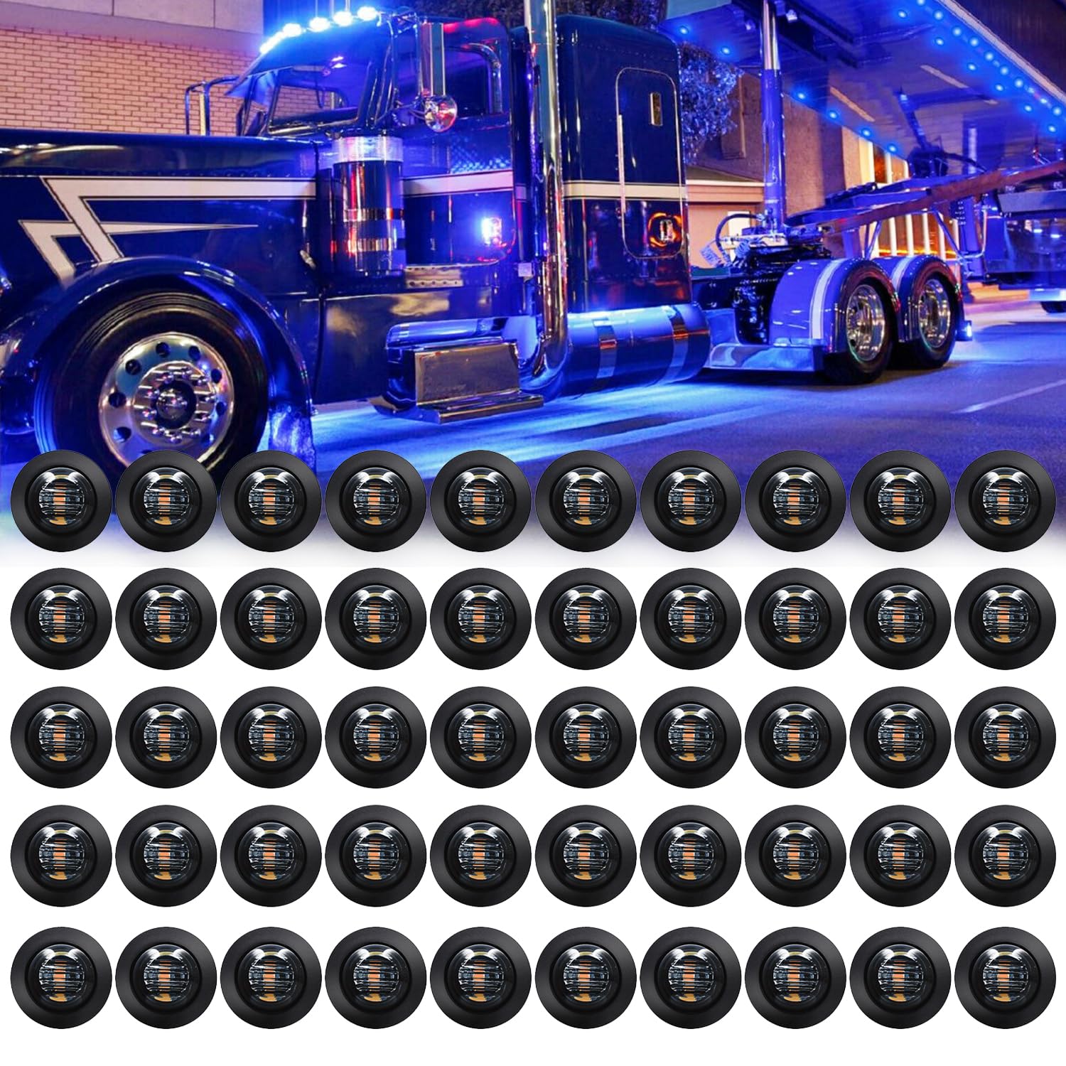 KEING 50X 3/4 Inch Marker Lights Smoked Lens Blue LED Trailer Side Marker Light Round Trailer Running Lights for Truck RV Lorry Pickup Camper