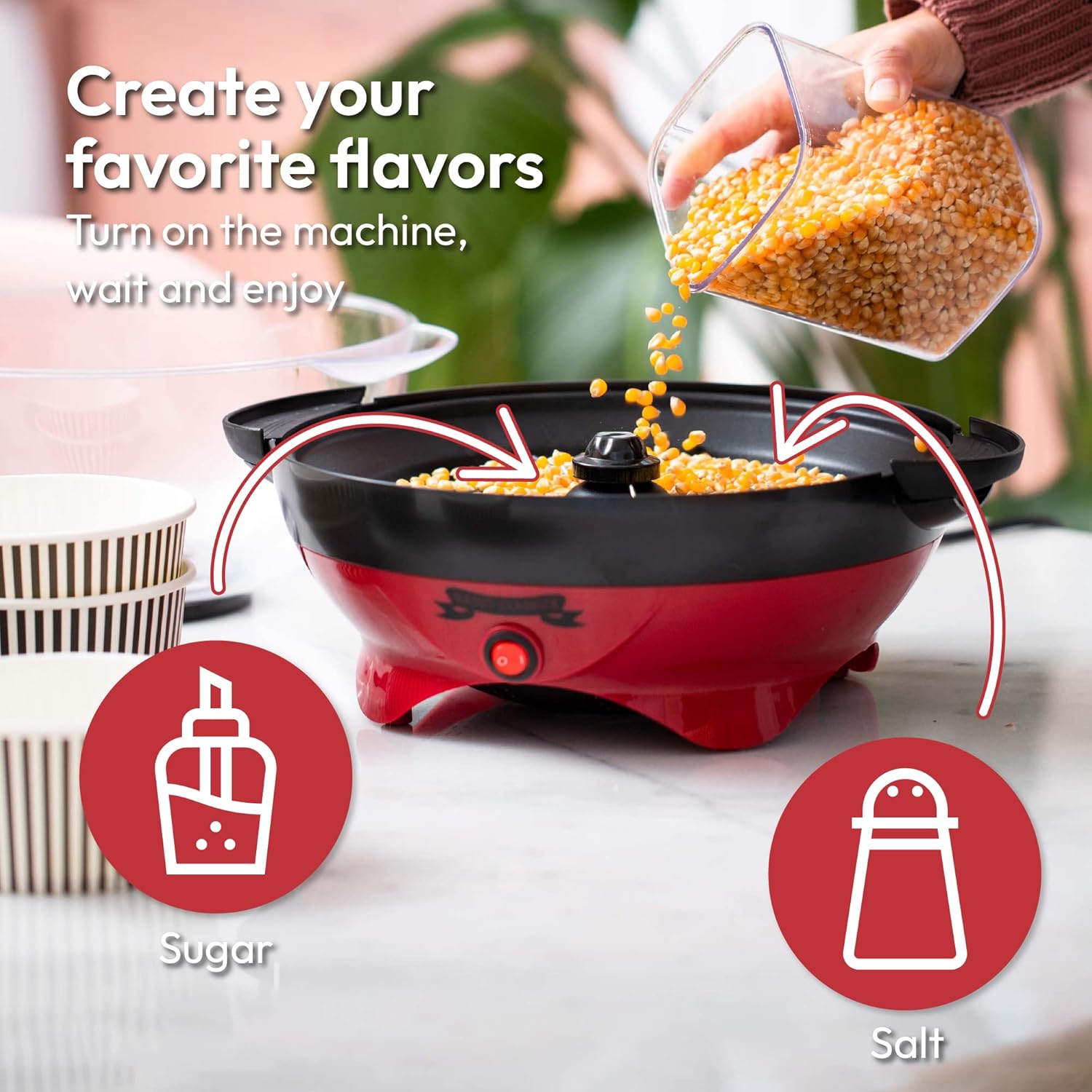 Popcorn Machine – 800W Electric Hot Oil Popcorn Maker with Non-Stick Plate, Lid & Stirrer – Large 24-Cup Popper for Home, Parties, Movie Night – Butter, Sugar & Spice Compatible (Red)